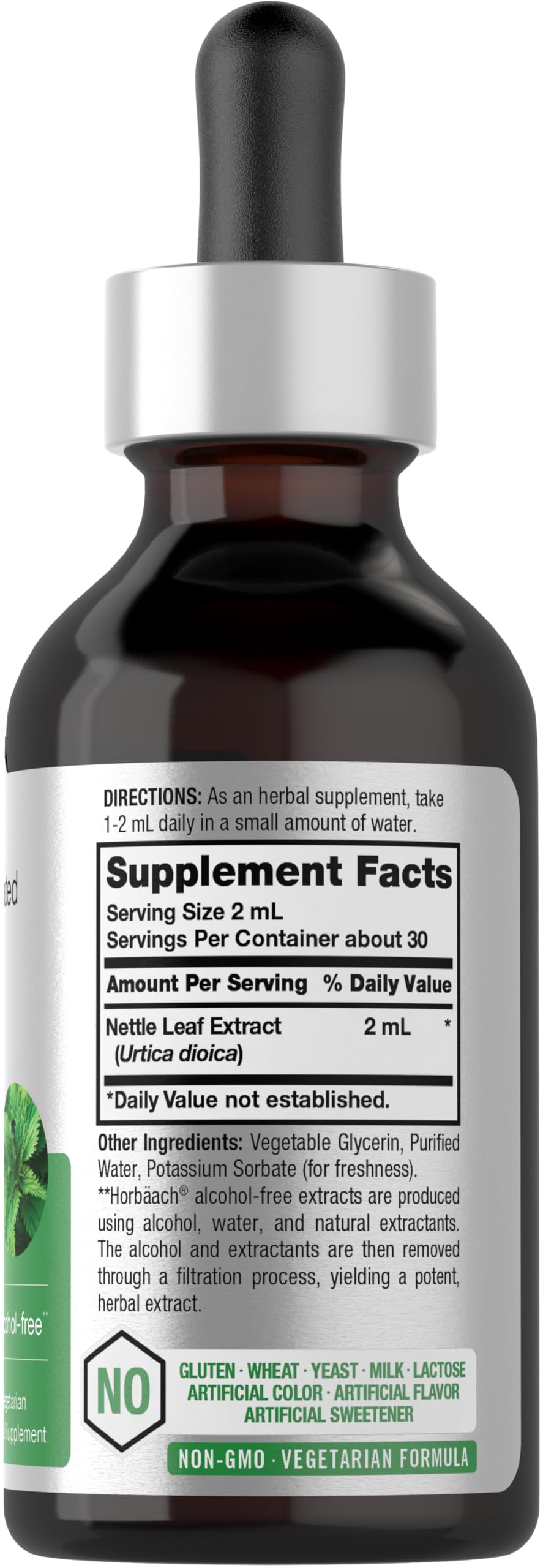 Horbäach Nettle Leaf Extract Drops bottle label closeup showing alcohol-free formula