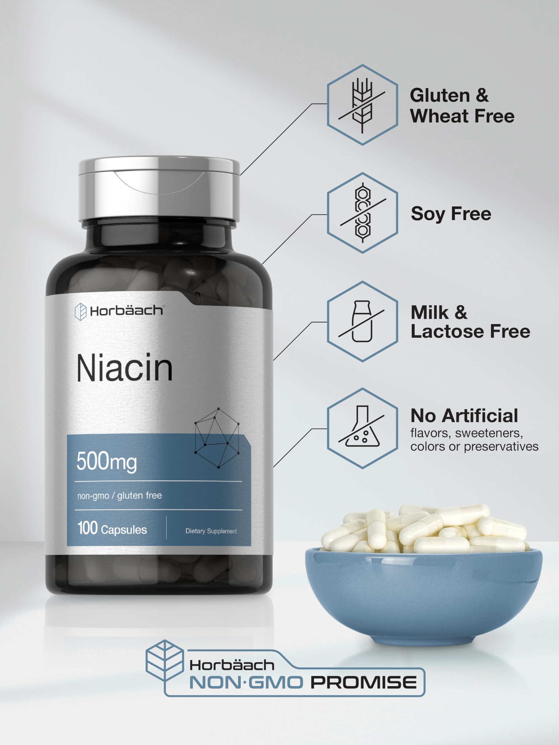 Horbäach Niacin 500mg bottle on shelf as part of a routine.
