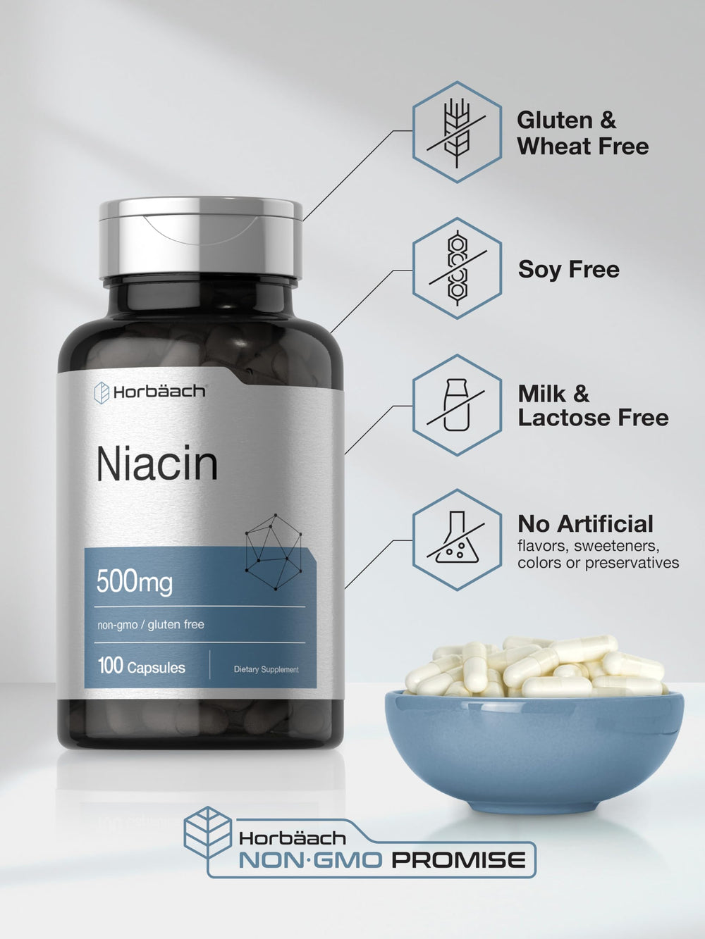 Horbäach Niacin 500mg bottle on shelf as part of a routine.