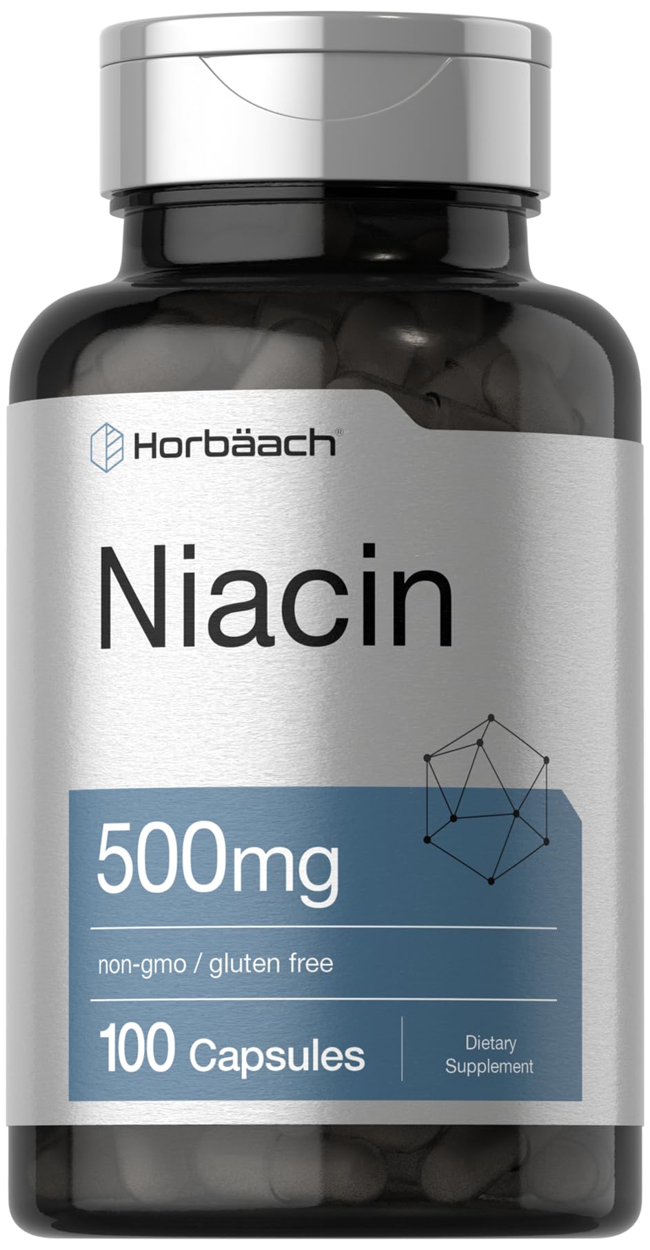 Horbäach Niacin 500mg bottle for daily nutrition support.
