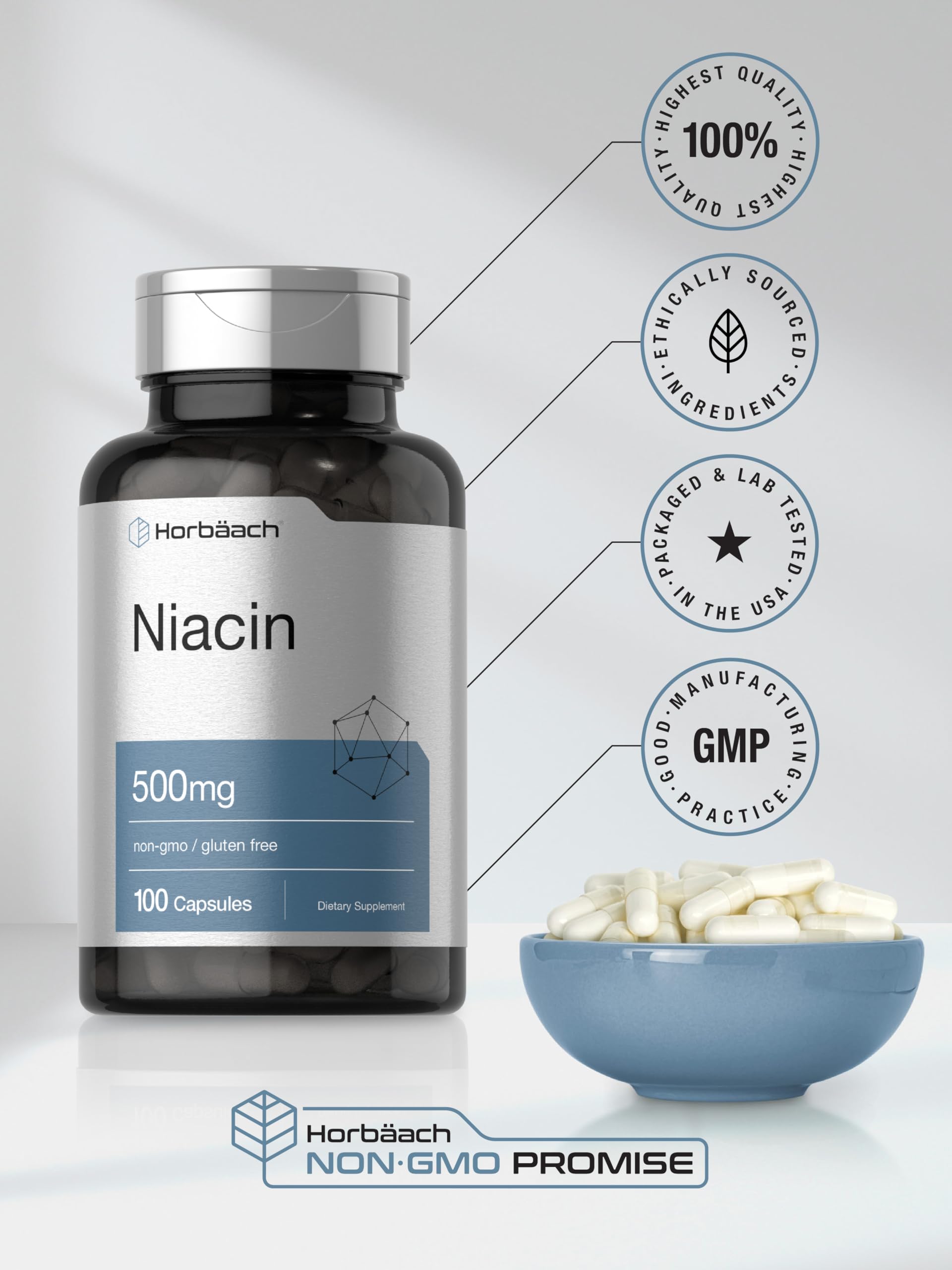 Horbäach Niacin 500mg capsules side view, convenient daily form.