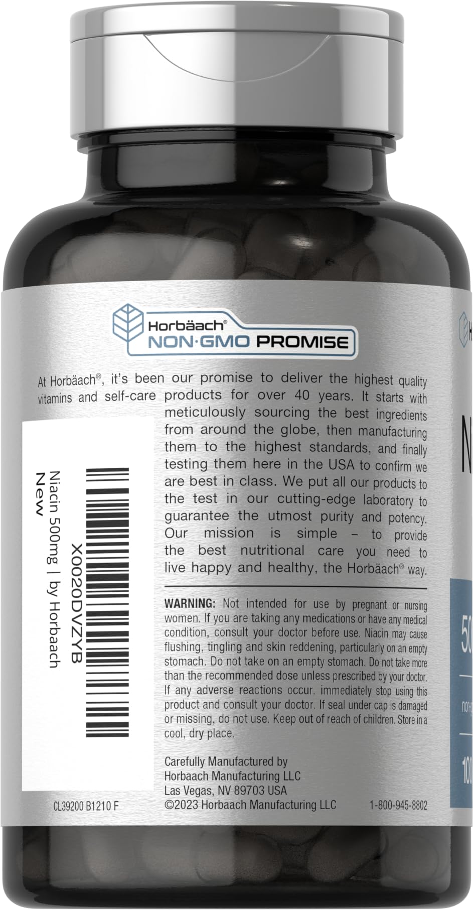 Horbäach Niacin 500mg label view highlighting purity and Non-GMO status.