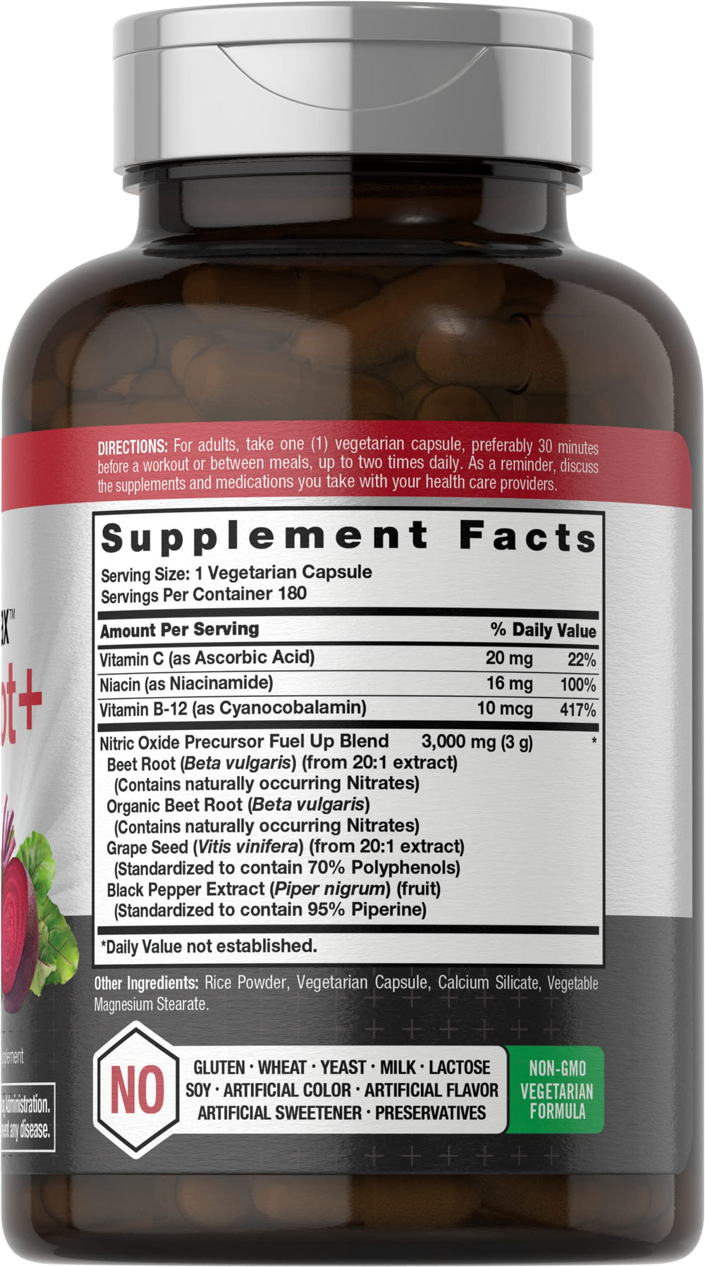 Horbäach Nitric Oxide Beet Root capsules close-up highlights clean label and plant-based ingredients
