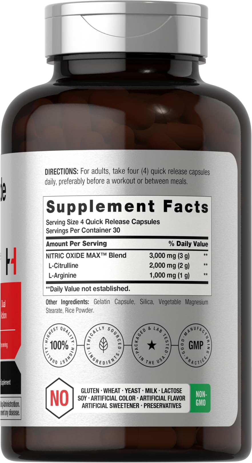 Horbaach Nitric Oxide bottle on gym shelf suggests pre-workout energy support.