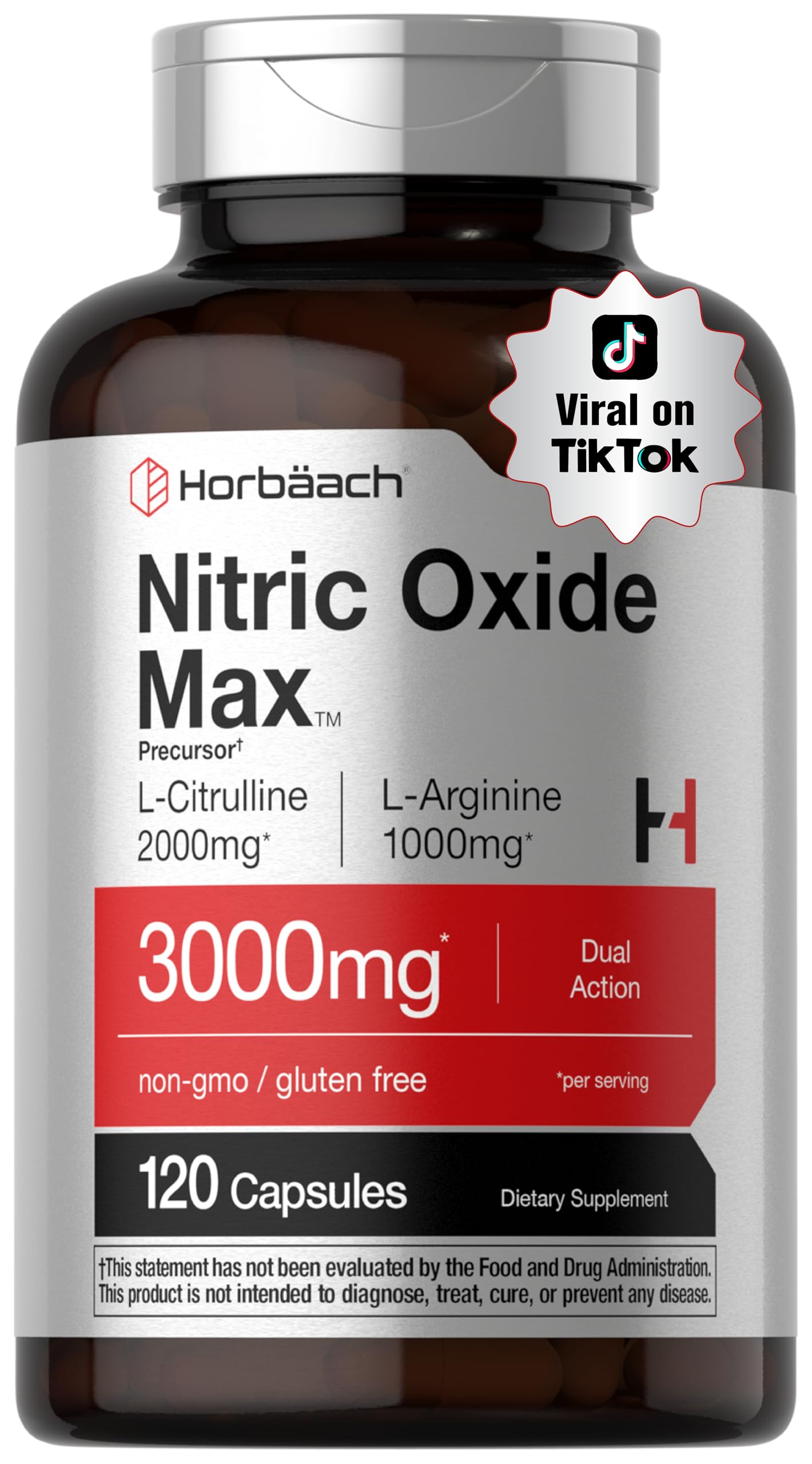Horbach Nitric Oxide supplement bottle with label highlights gluten-free formula for training.