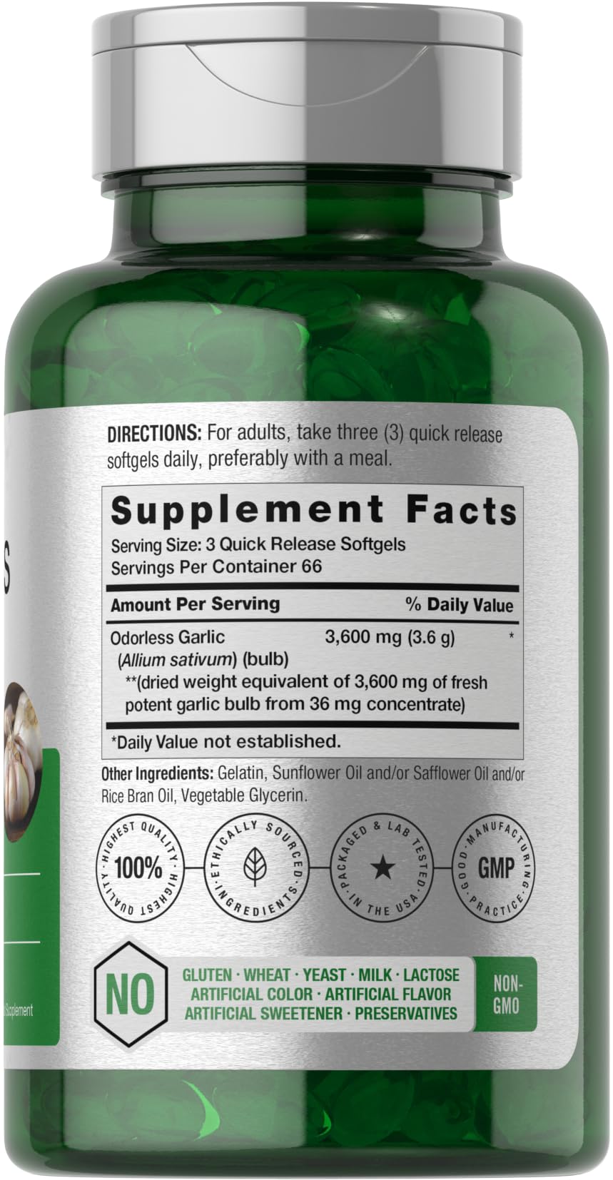 Horbäach Odorless Garlic Softgels bottle back label explains purity and dosage.