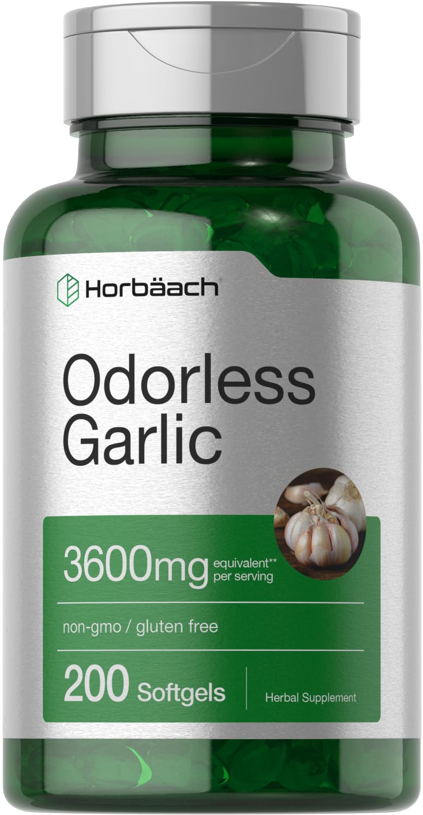 Horbäach Odorless Garlic Softgels bottle front shows easy, odor-free daily use.