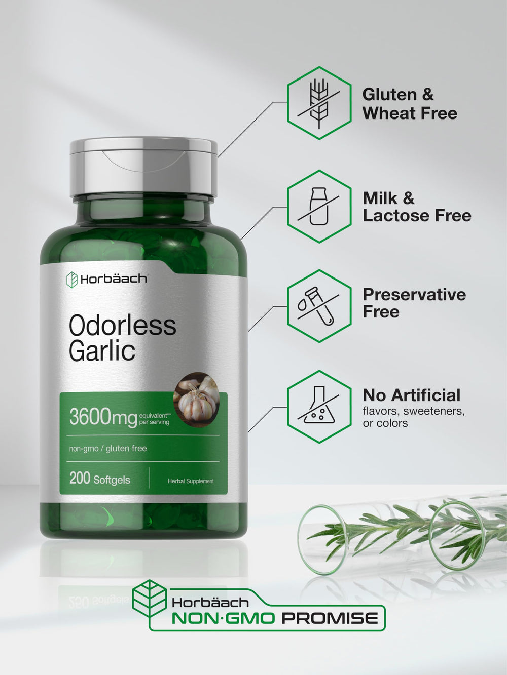 Horbäach Odorless Garlic Softgels bottle seal ensures freshness and potency.