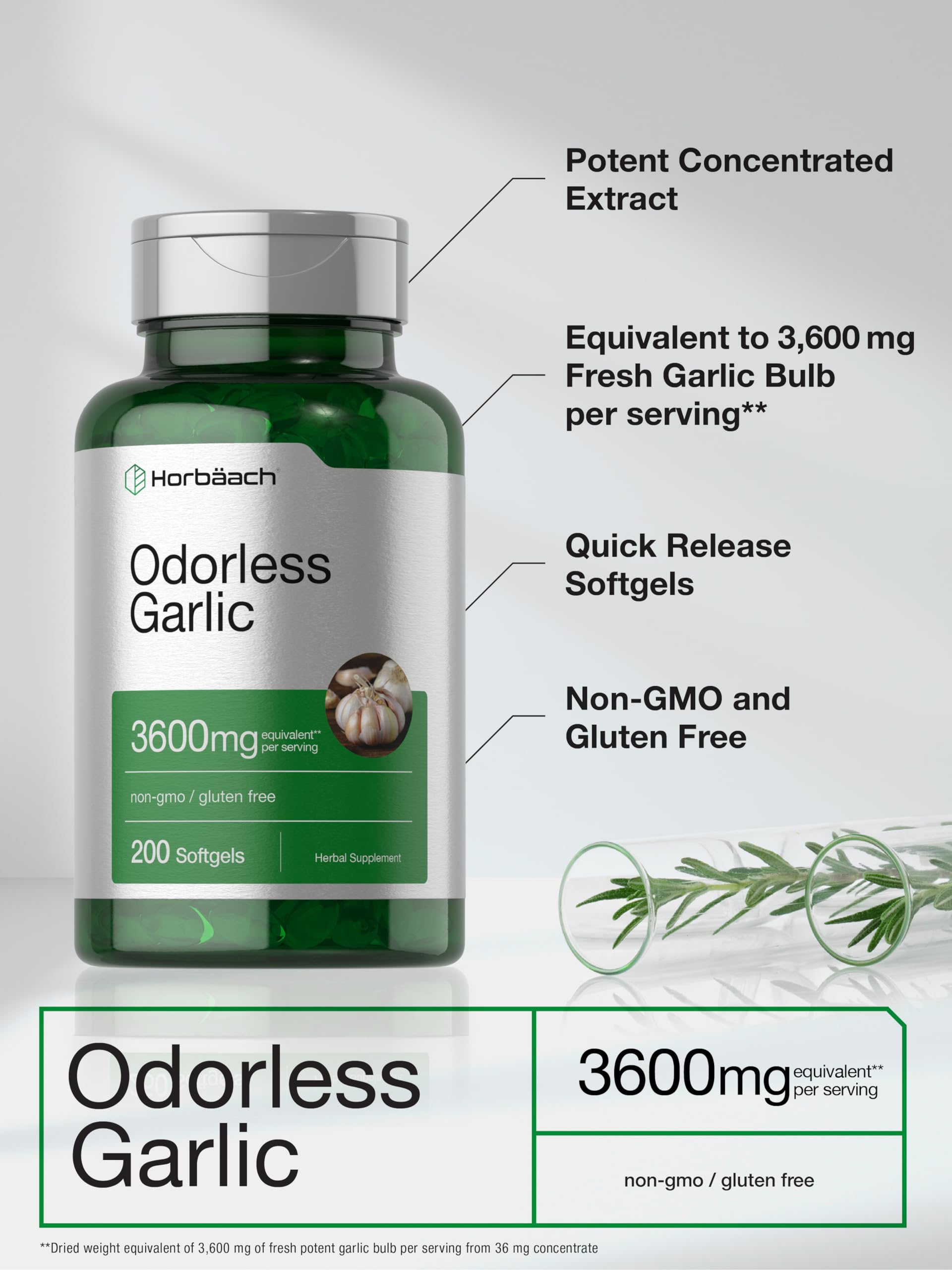 Horbäach Odorless Garlic Softgels packaging box highlights gluten-free and Non-GMO quality.
