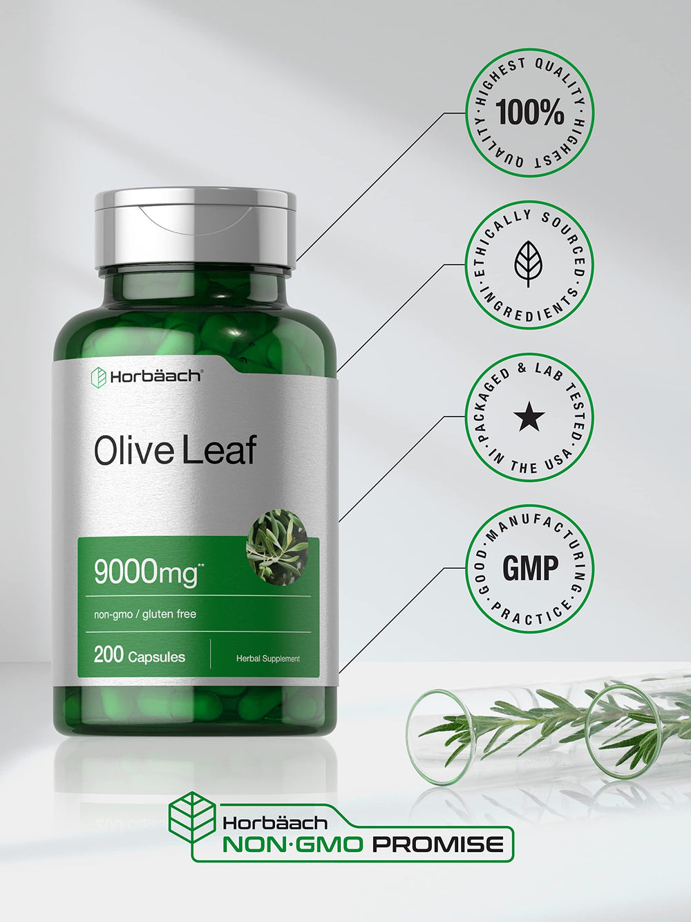 Horbäach Olive Leaf Extract capsules non-GMO formula for clean label