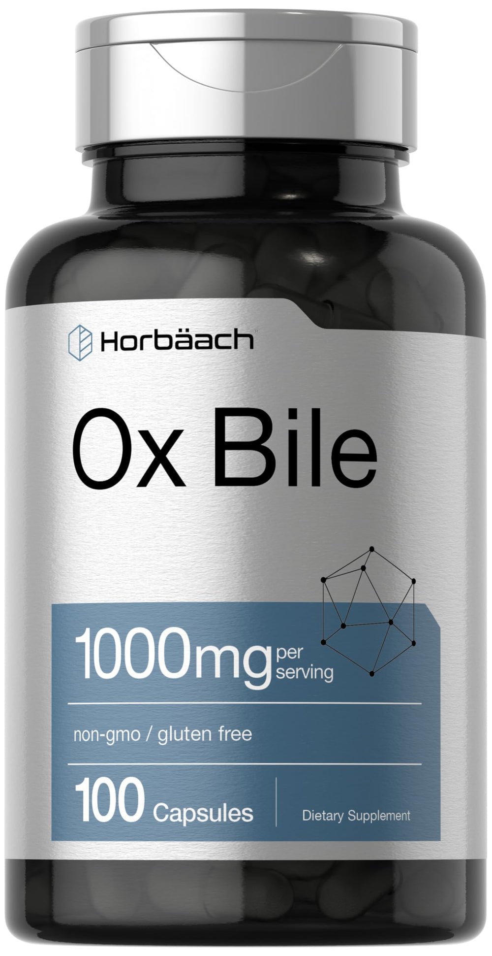Horbäach Ox Bile 1000mg bottle displayed for daily digestion support.