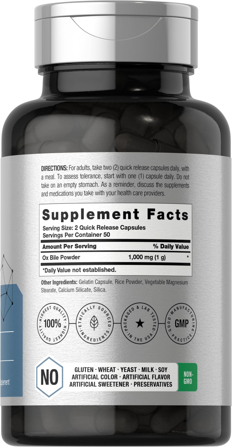 Close-up of Horbäach Ox Bile 1000mg capsules highlighting quick-release design.