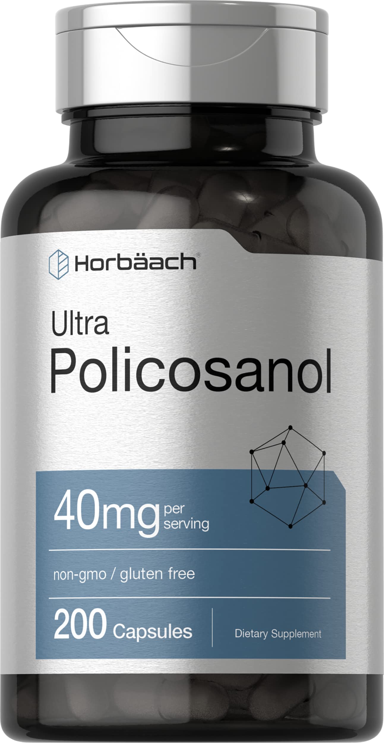 Horbäach Policosanol 40mg bottle, gluten-free daily supplement option.