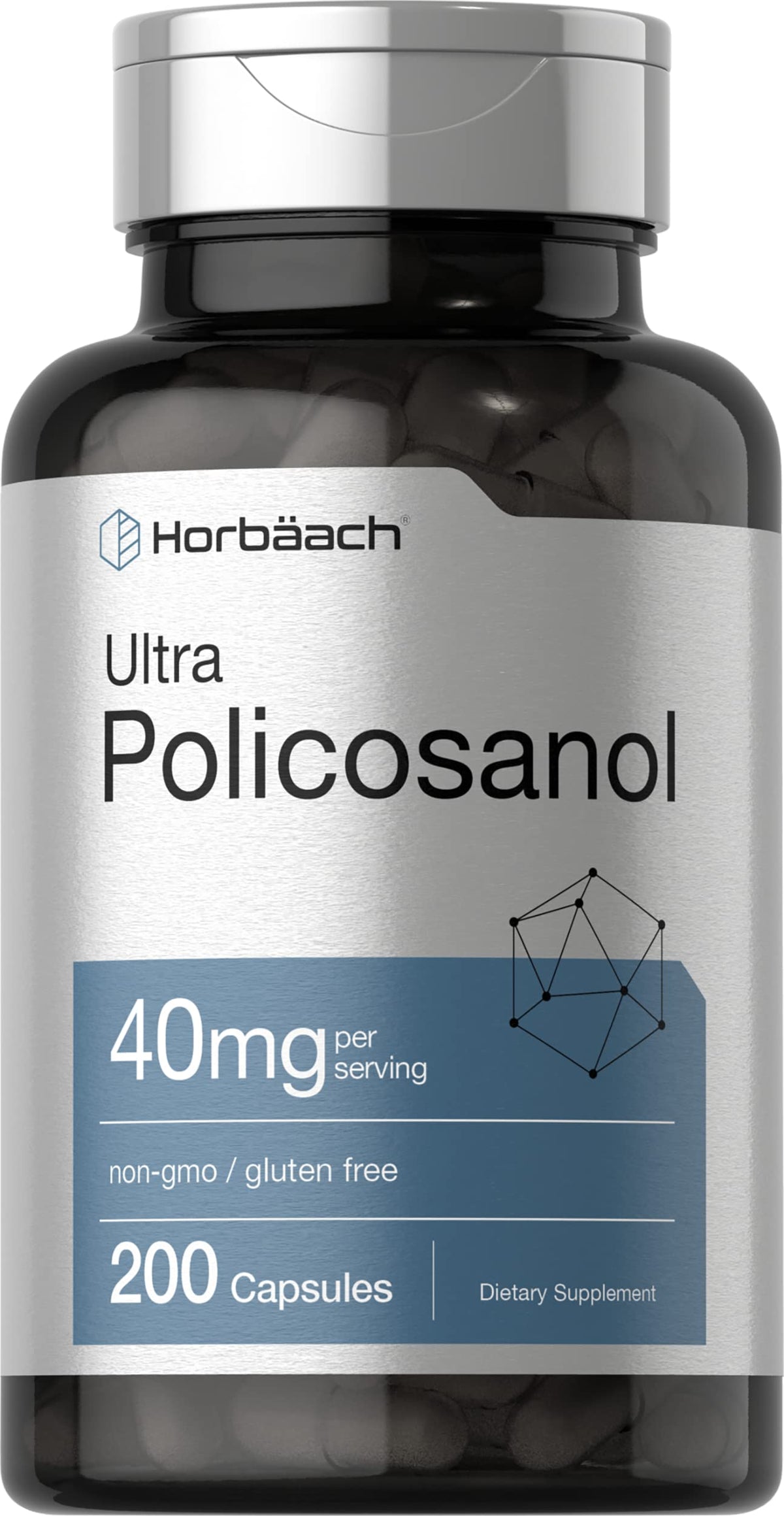 Horbäach Policosanol 40mg bottle, gluten-free daily supplement option.