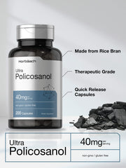 Horbäach Policosanol 40mg label, highlights rice bran wax origin.