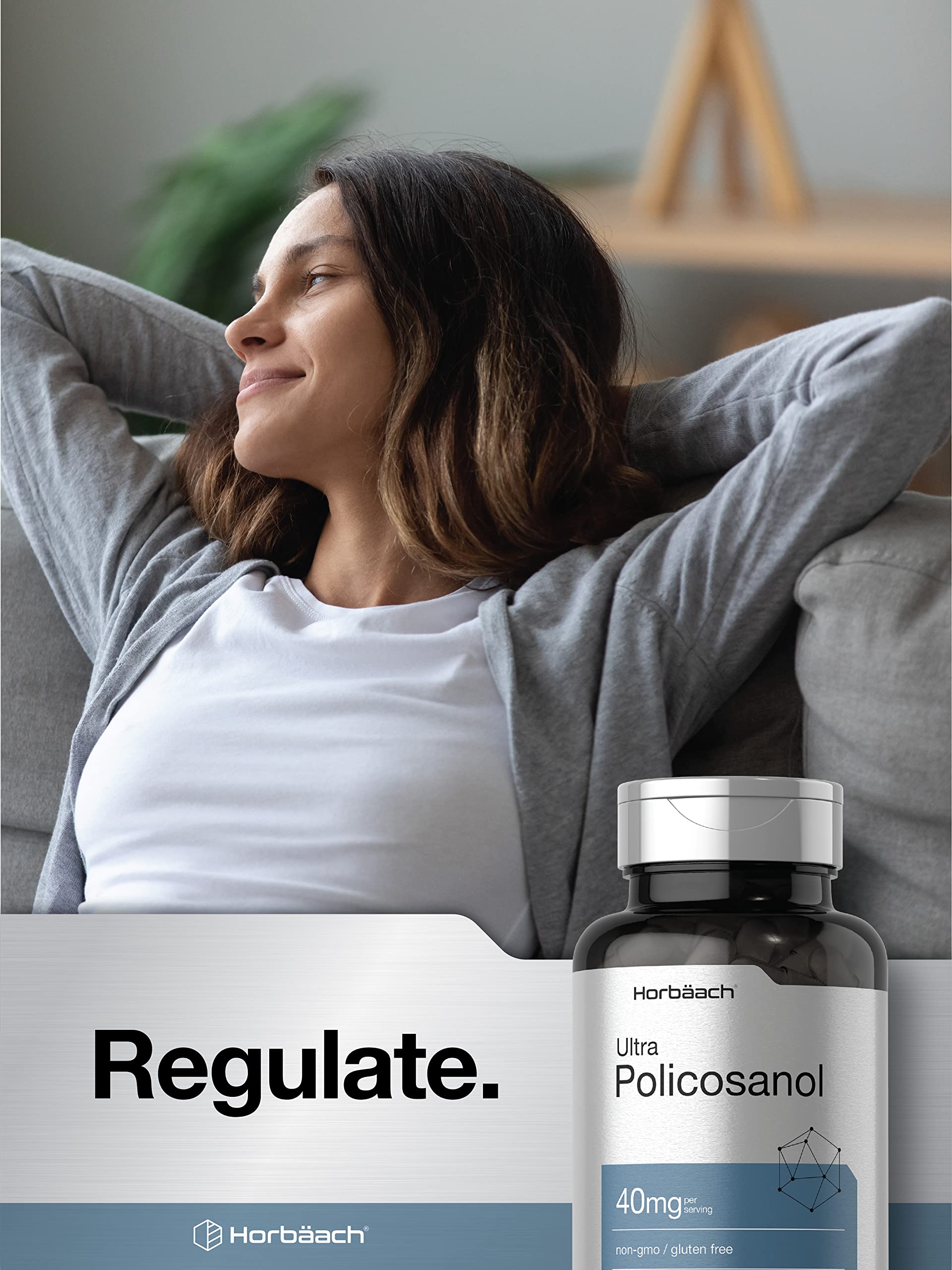 Horbäach Policosanol 40mg packaging front, emphasizes purity and potency.