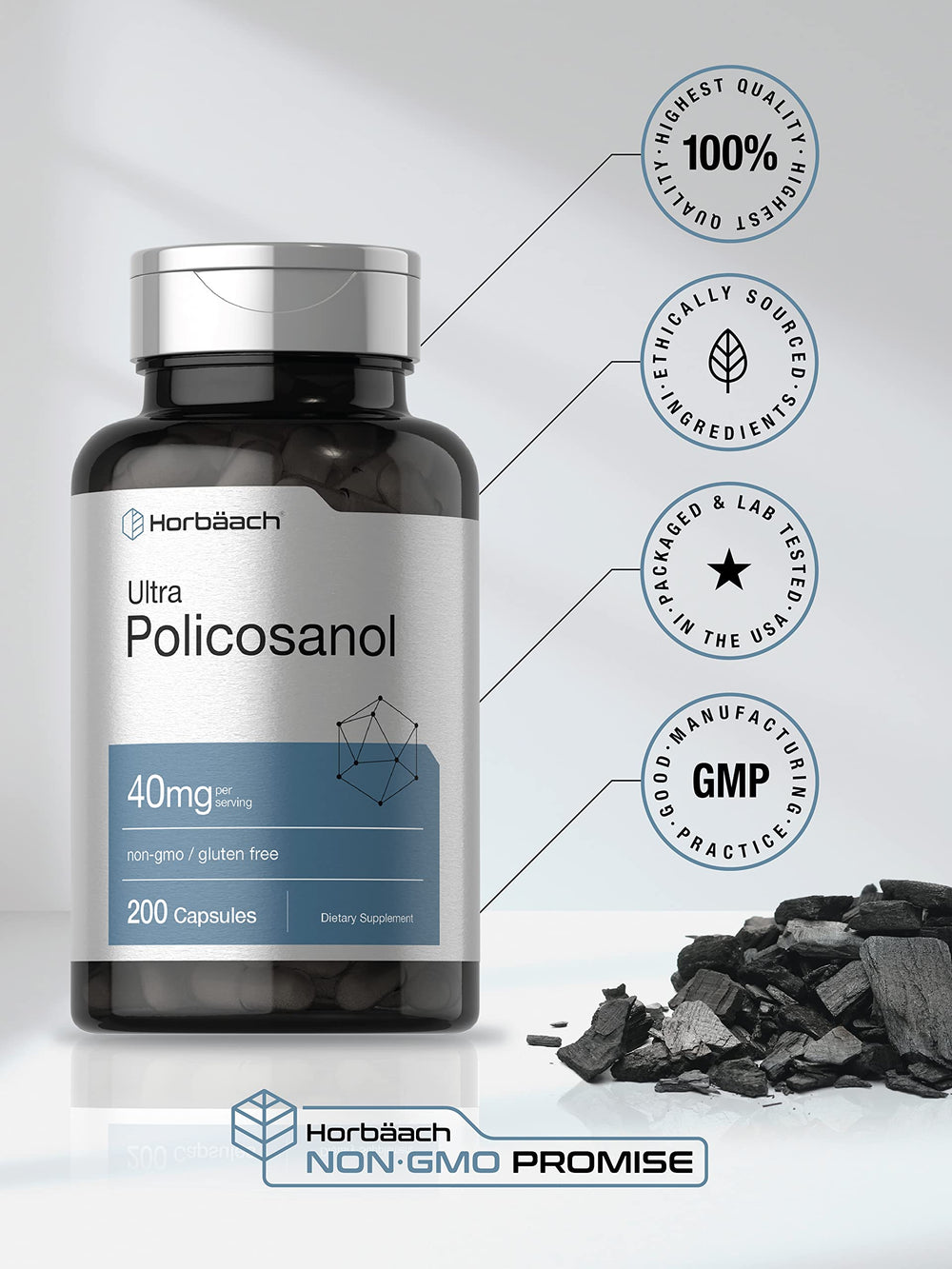 Horbäach Policosanol 40mg bottle pour, easy dosing in routine.