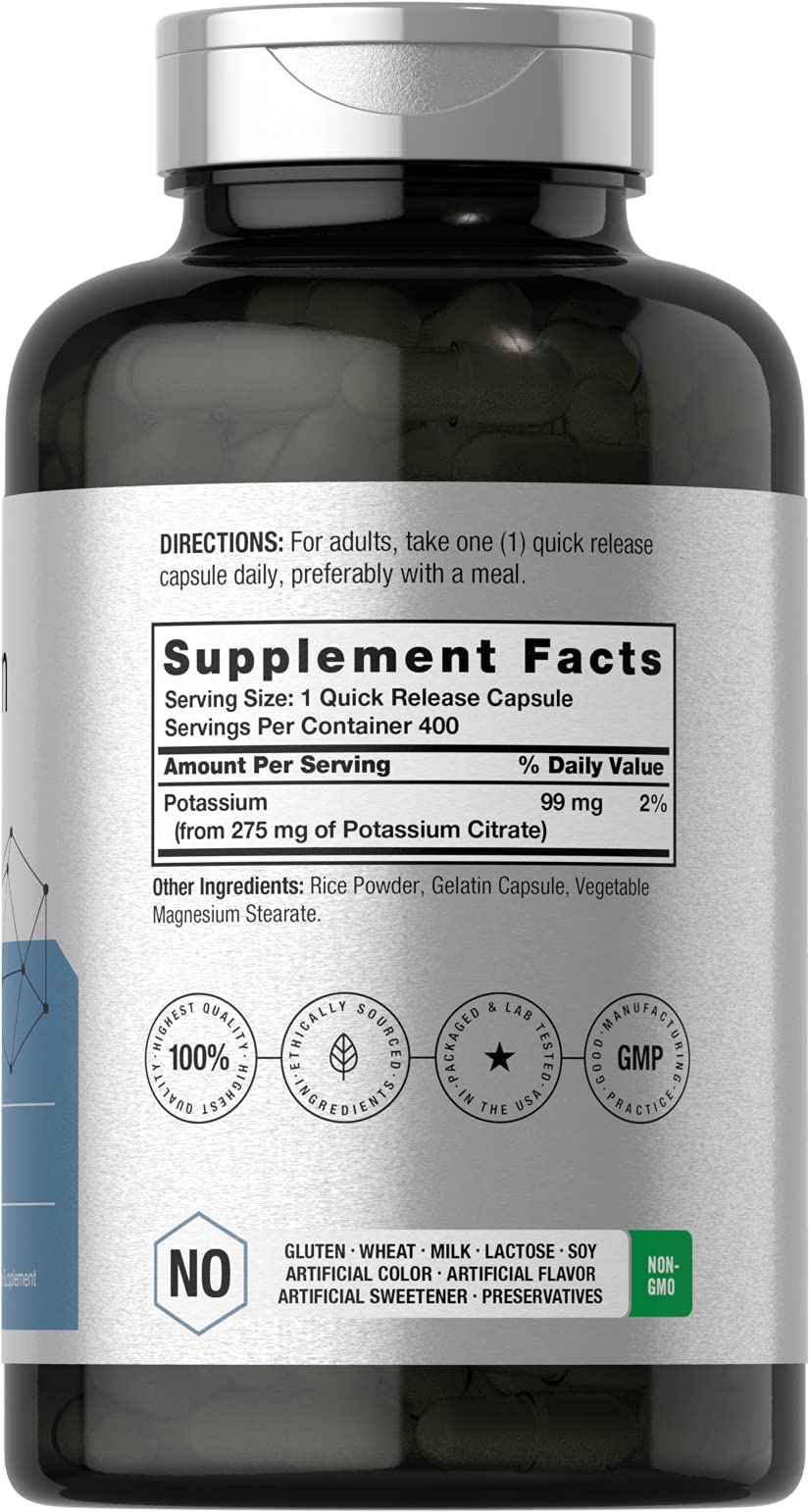 Horbäach Potassium Citrate 275 mg bottle side view shows label.