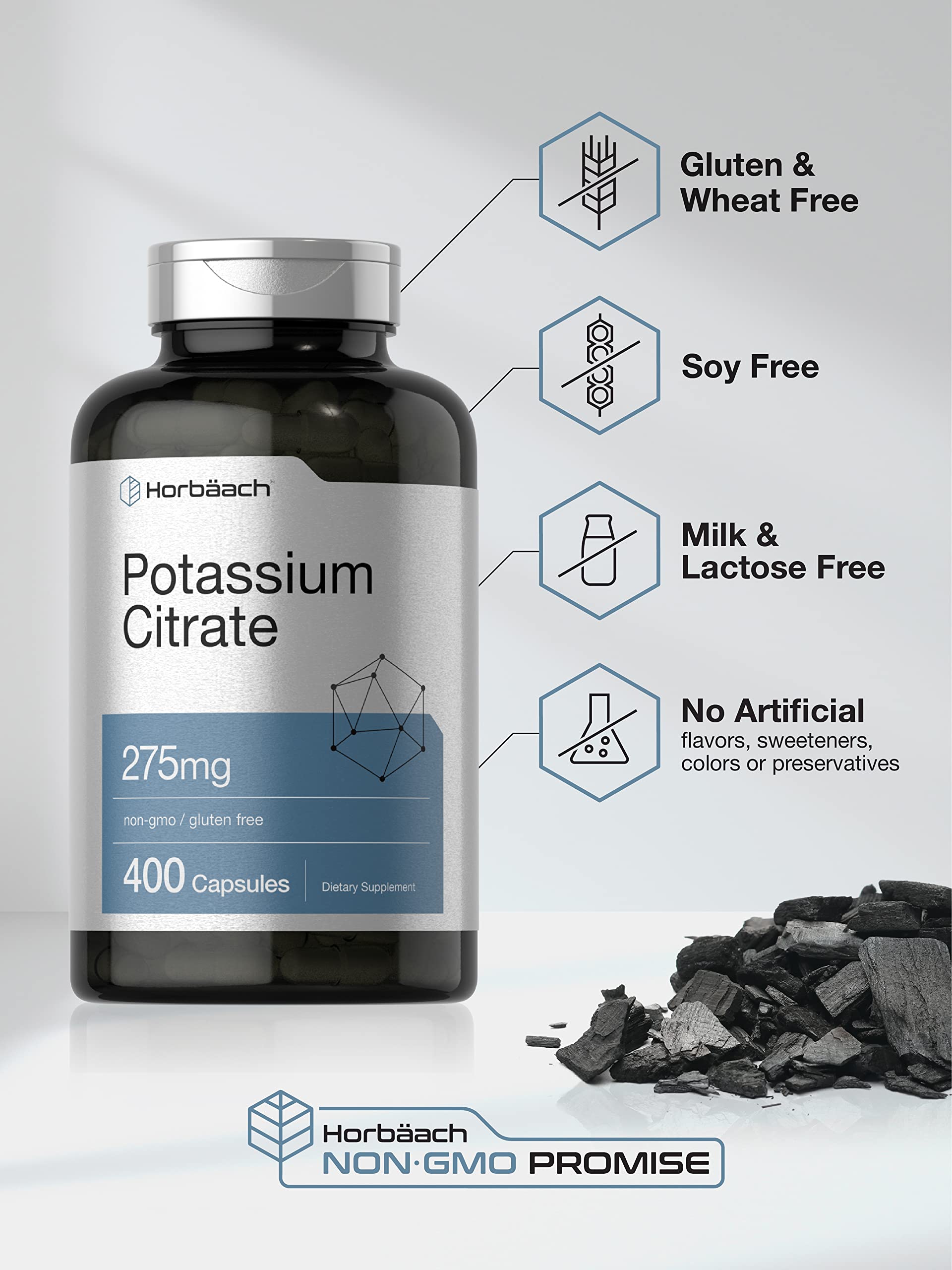 Horbäach Potassium Citrate 275 mg label closeup highlights Non-GMO.