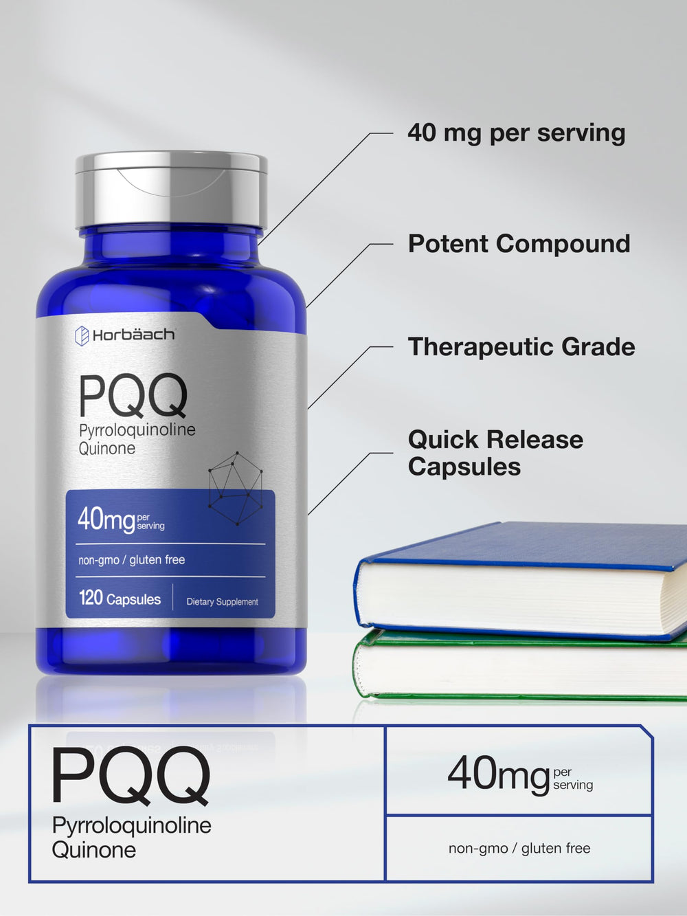 Box packaging highlighting purity and potency of Horbäach PQQ.