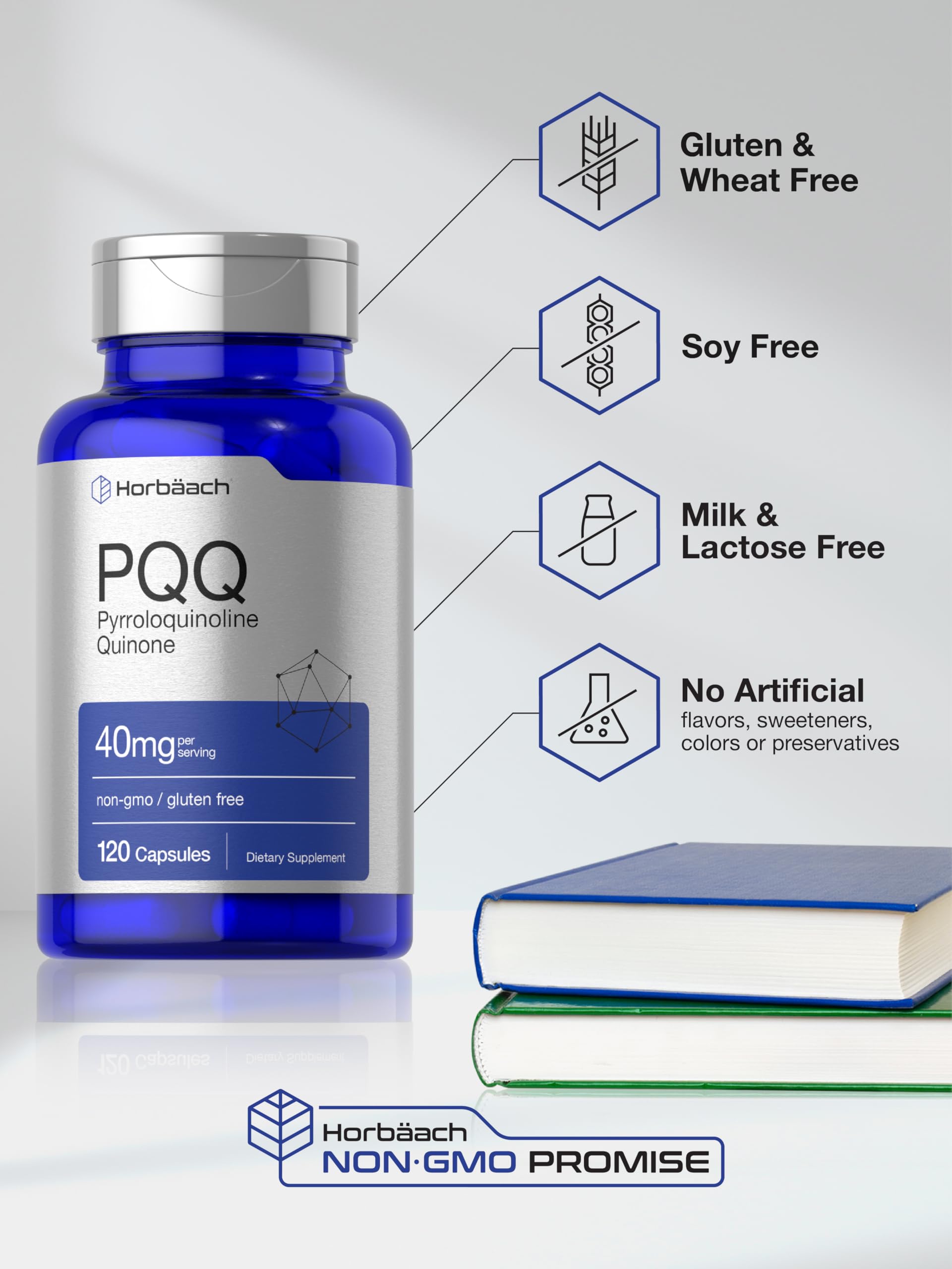 Gluten-free icon on Horbäach PQQ label for allergen awareness.