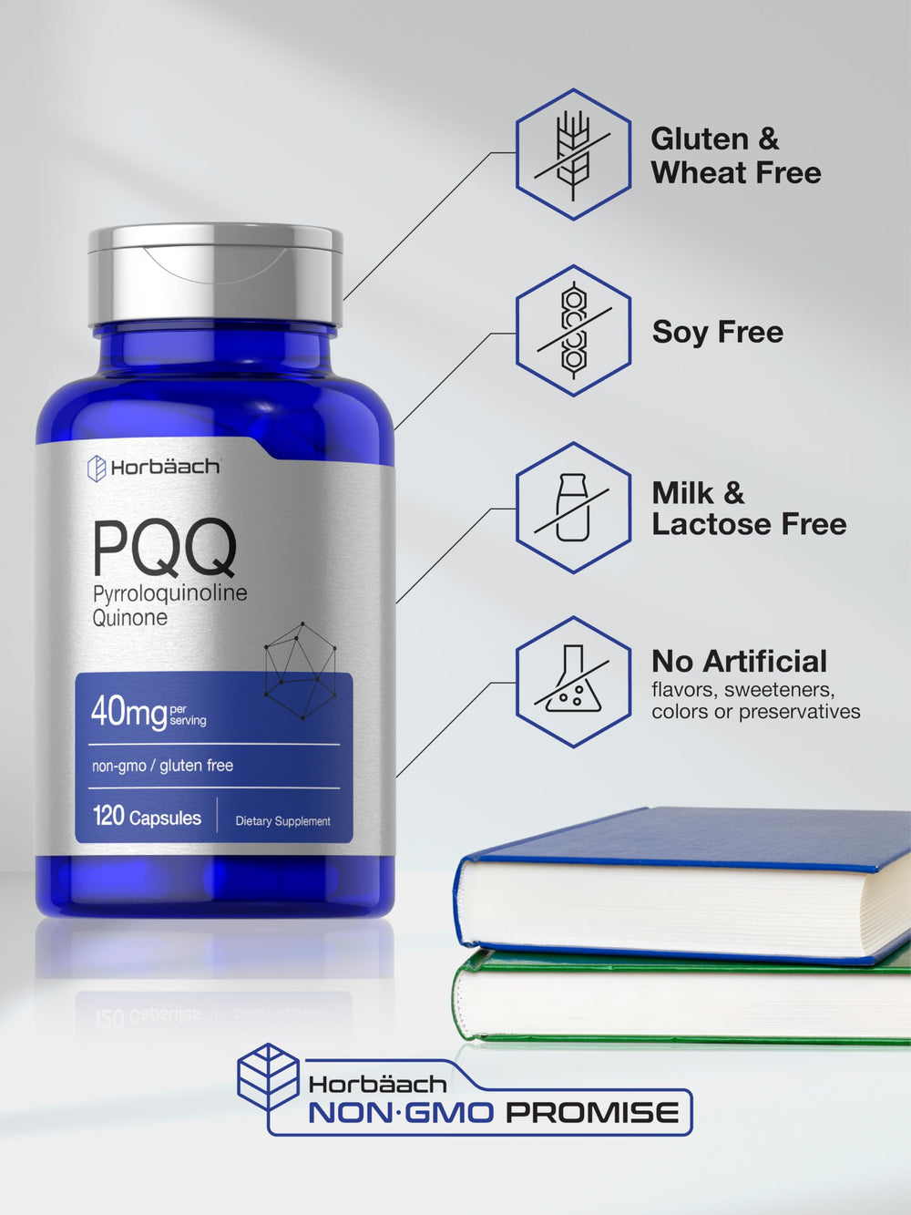 Gluten-free icon on Horbäach PQQ label for allergen awareness.