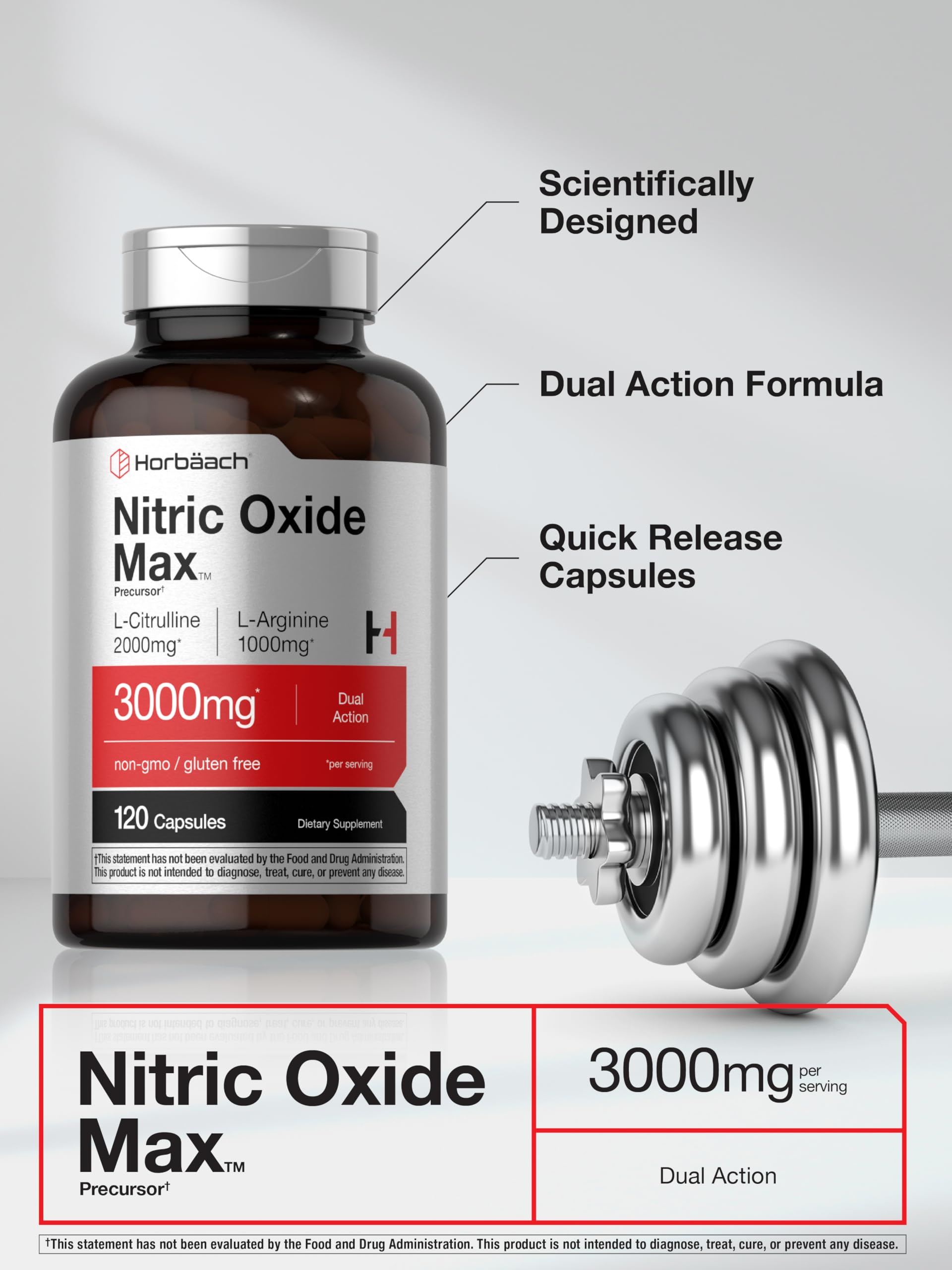 Horbaach pre-workout packaging highlights L-Arginine and L-Citrulline blend.