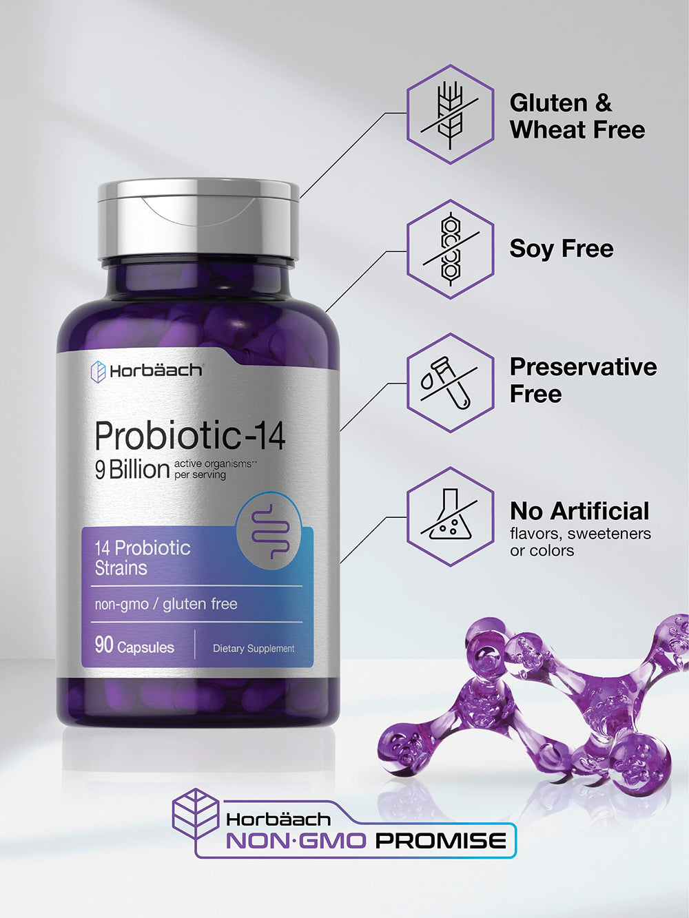 Horbäach Probiotics lab-tested label highlighting purity and potency