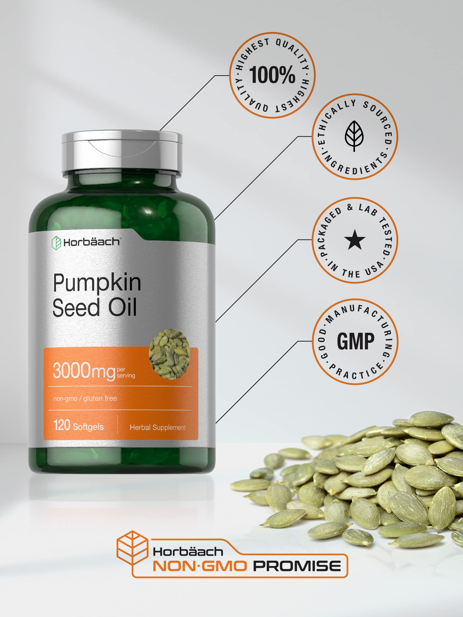 Horbäach Pumpkin Seed Oil capsules close-up highlights uniform softgel size