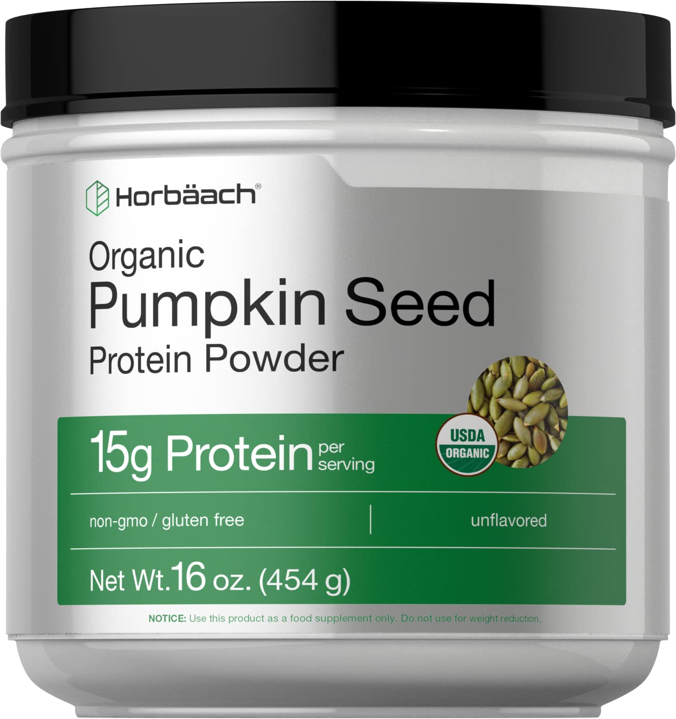 Horbaach pumpkin seed protein powder jar offers organic plant-based protein for daily smoothies
