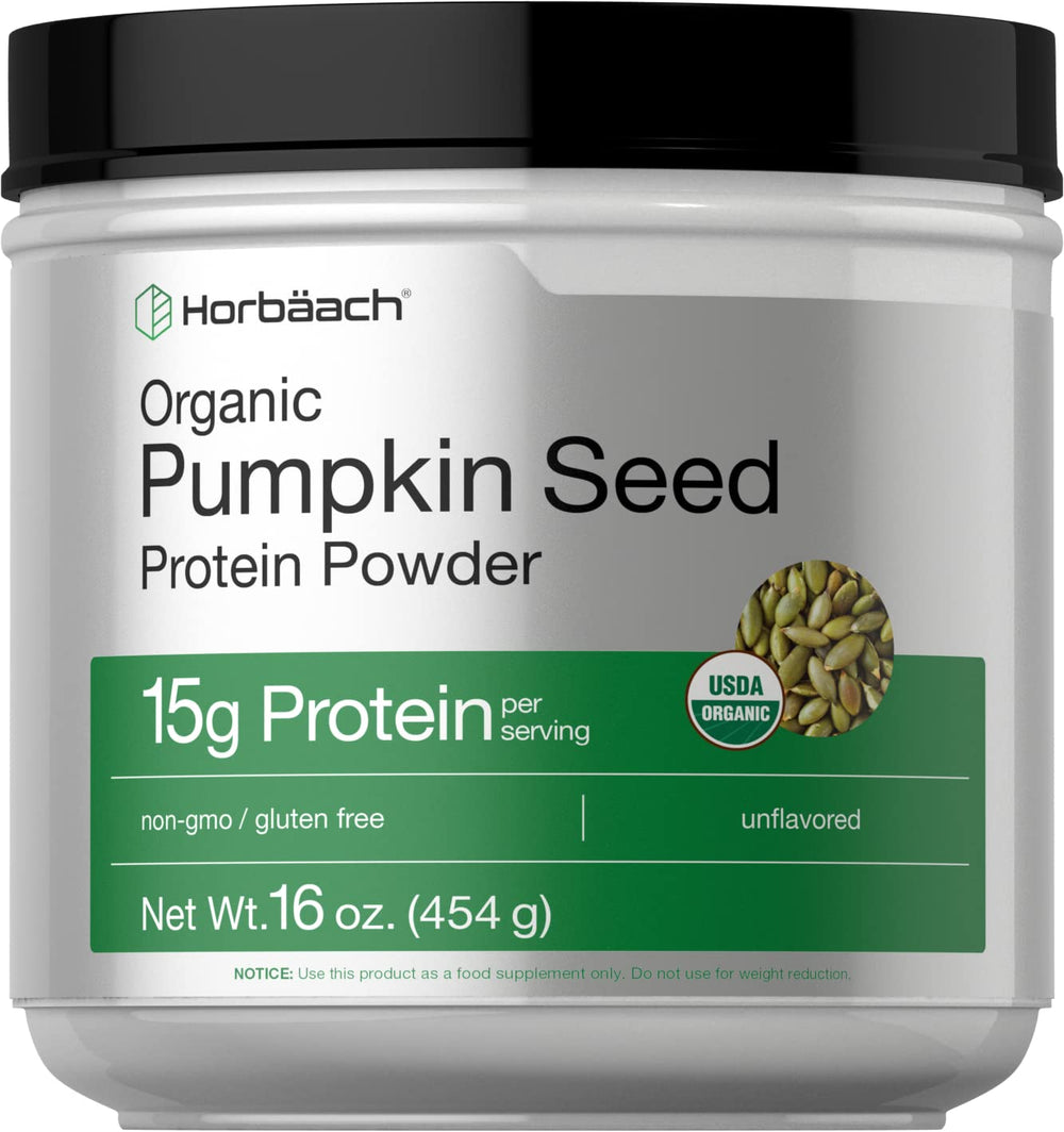 Horbaach pumpkin seed protein powder jar offers organic plant-based protein for daily smoothies