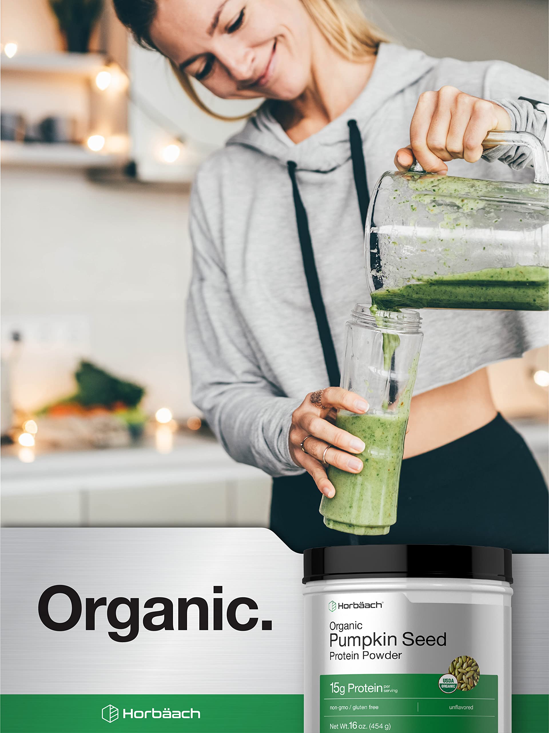 Horbaach pumpkin seed protein powder kitchen scene shows versatile plant protein for recipes