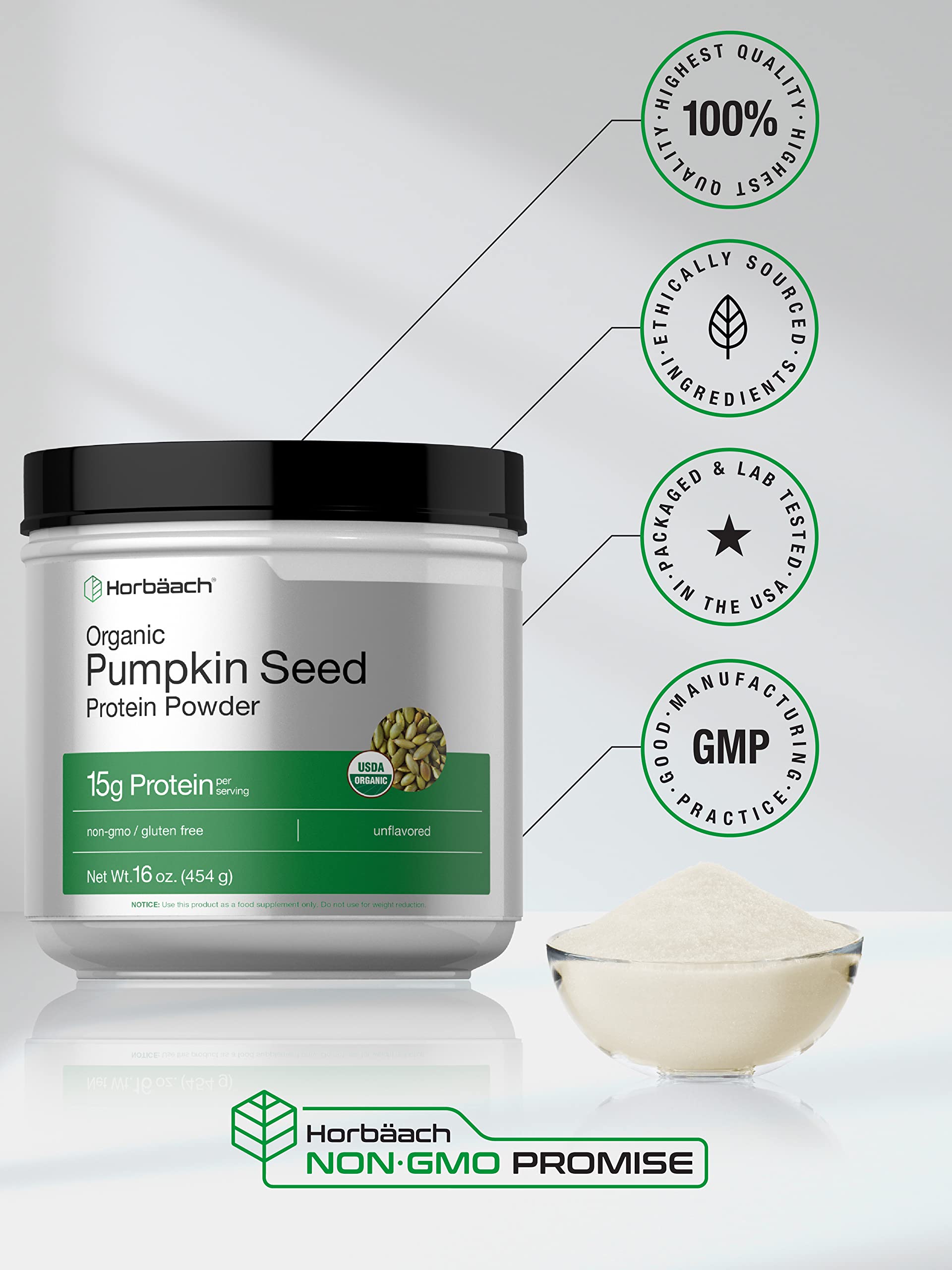 Horbaach pumpkin seed protein powder label highlights gluten-free and non-GMO ingredients