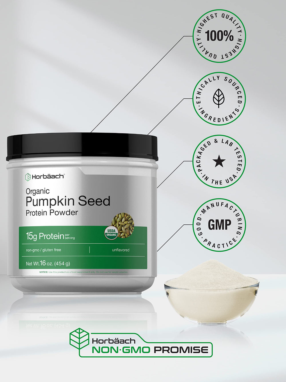 Horbaach pumpkin seed protein powder label highlights gluten-free and non-GMO ingredients