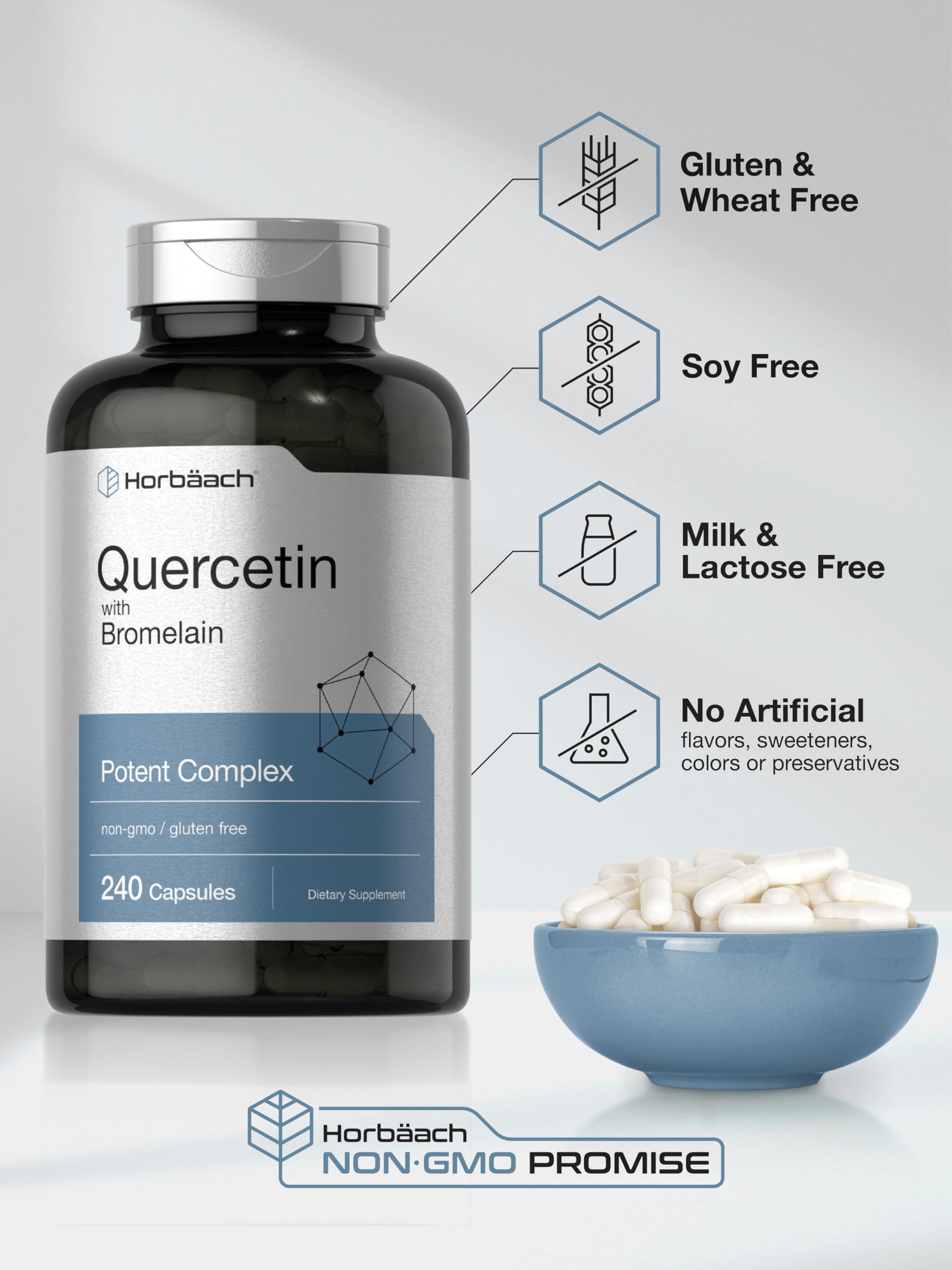 Back-of-label nutrition details on Horbaach Quercetin with Bromelain.