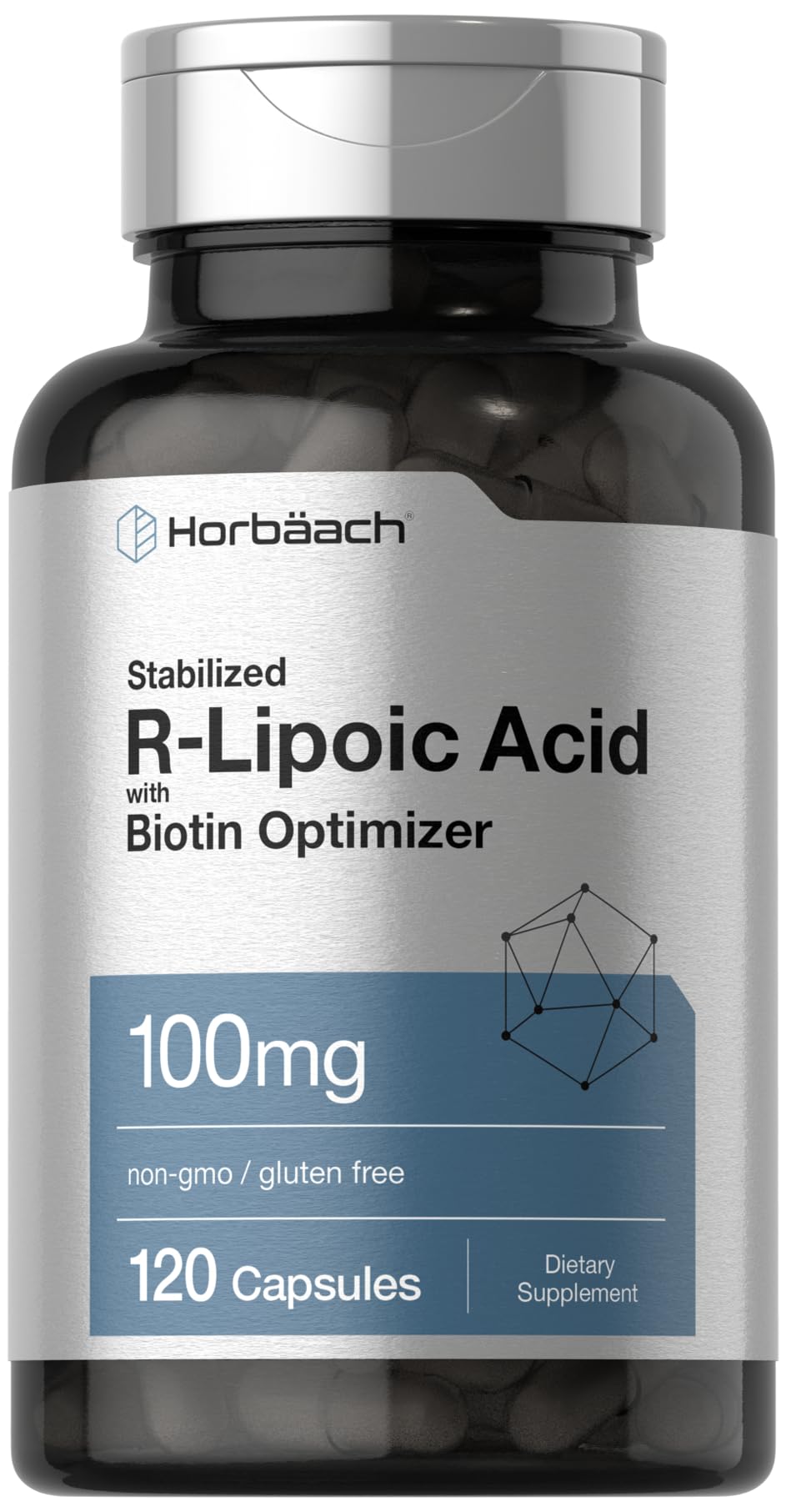 Horbaach R-Lipoic Acid bottle with non-GMO and gluten-free labeling.