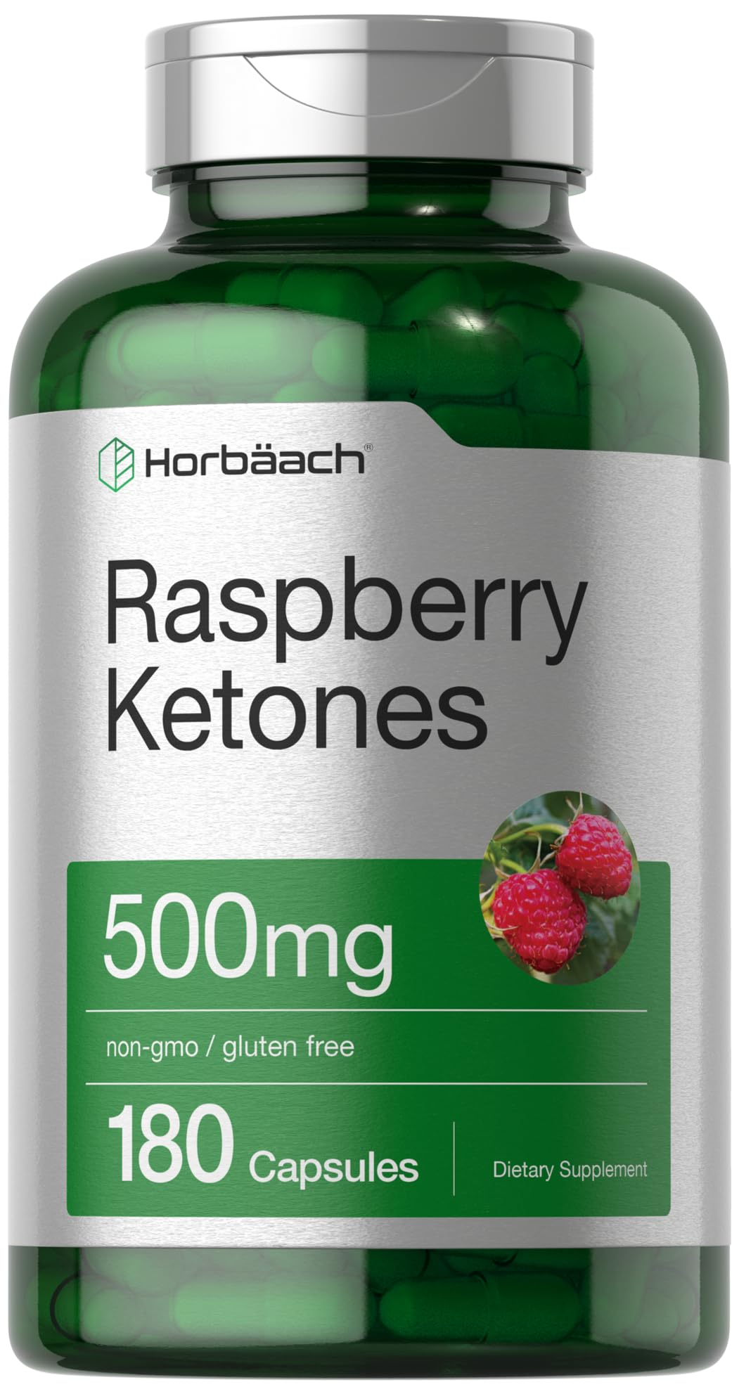 Horbäach Raspberry Ketones bottle front view with 500 mg serving for daily use.