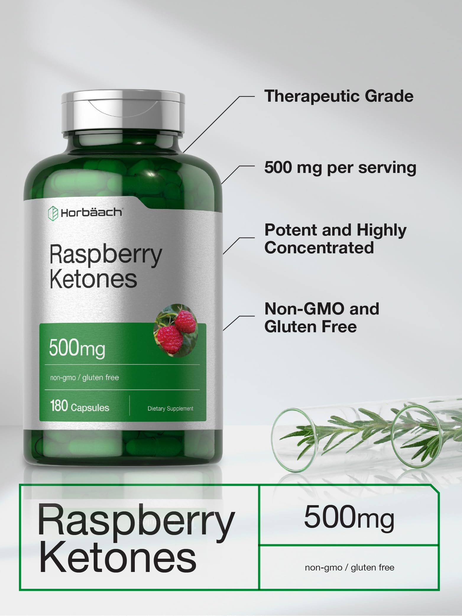 Horbäach Raspberry Ketones bottle label close-up highlighting non-GMO and gluten-free.