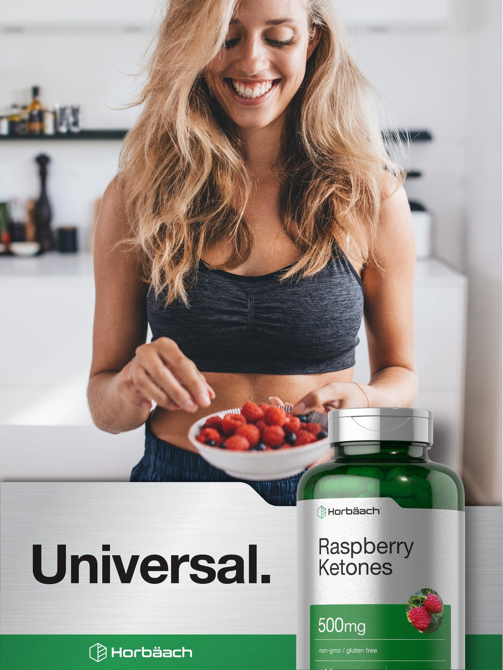Horbäach Raspberry Ketones dietary supplement bottle on shelf.
