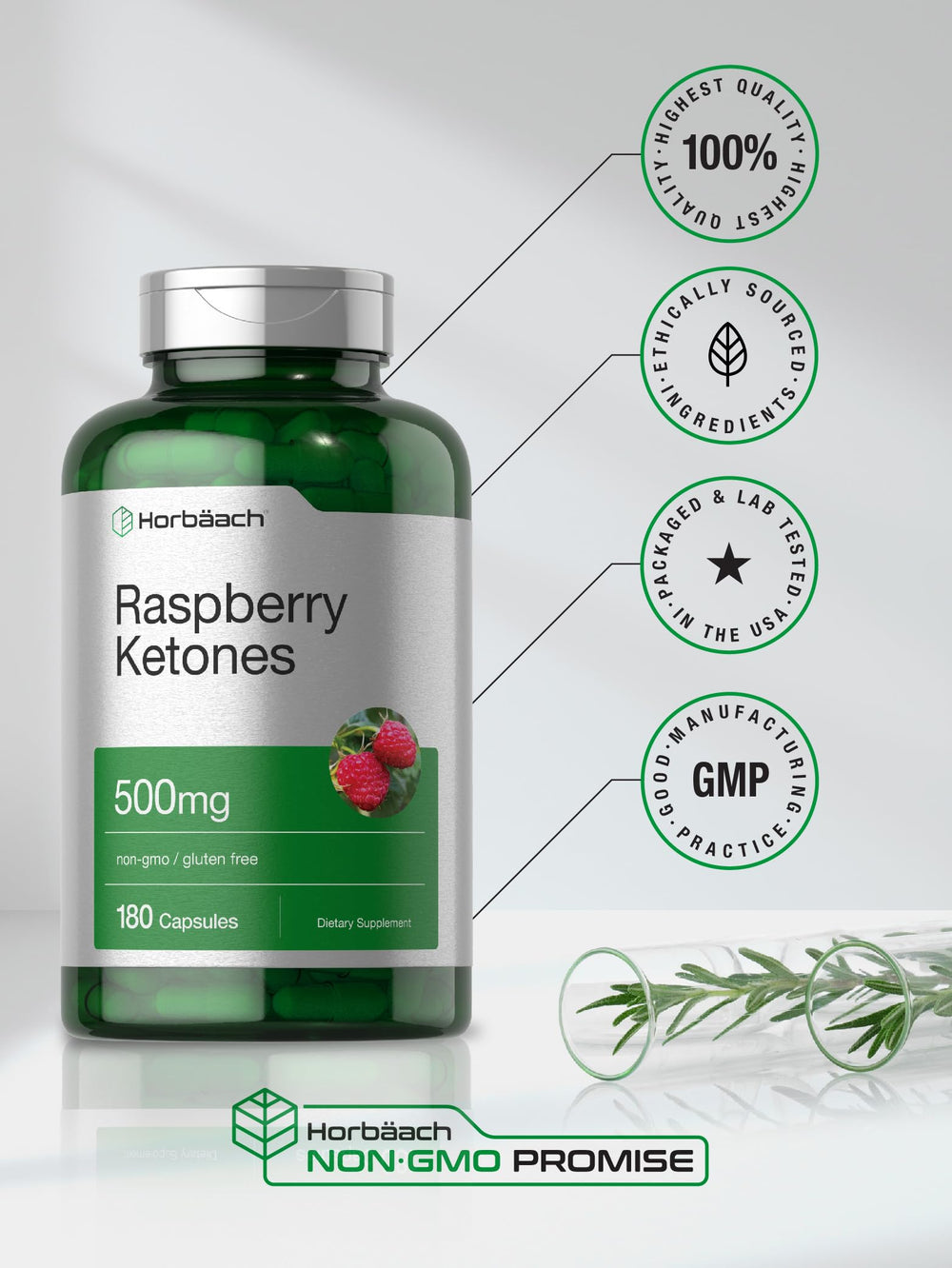 Horbäach Raspberry Ketones packaging box emphasizing quality and ingredients.