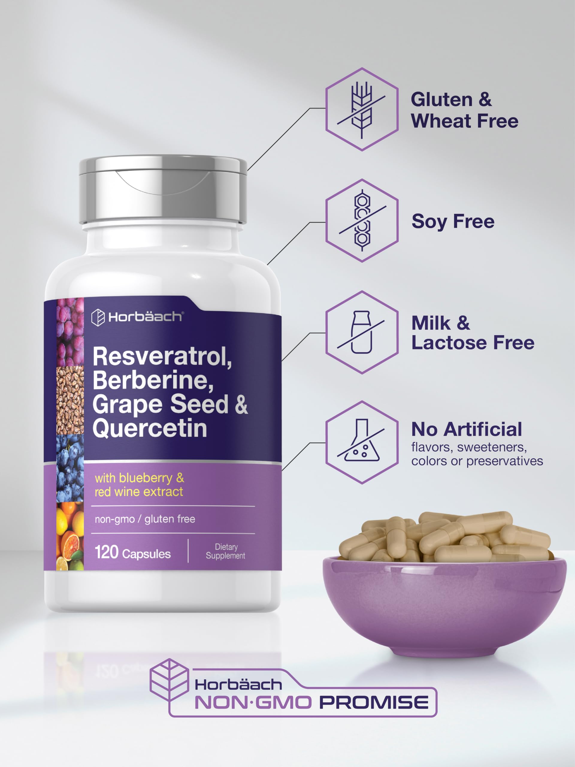 Horbäach Resveratrol Berberine blueberry extract highlights natural components for vitality.