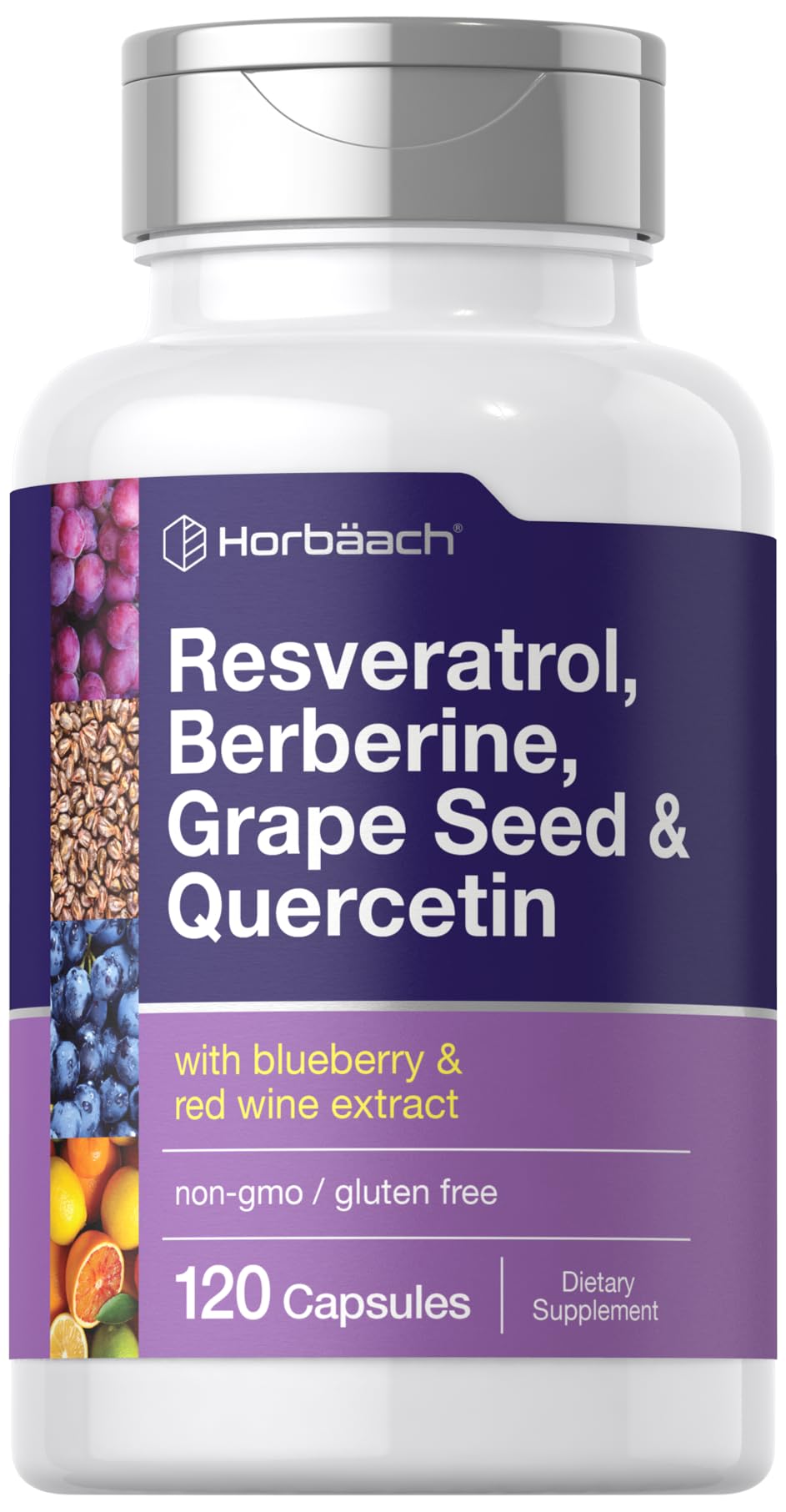 Horbäach Resveratrol Berberine bottle shows daily wellness support with a potent plant blend.