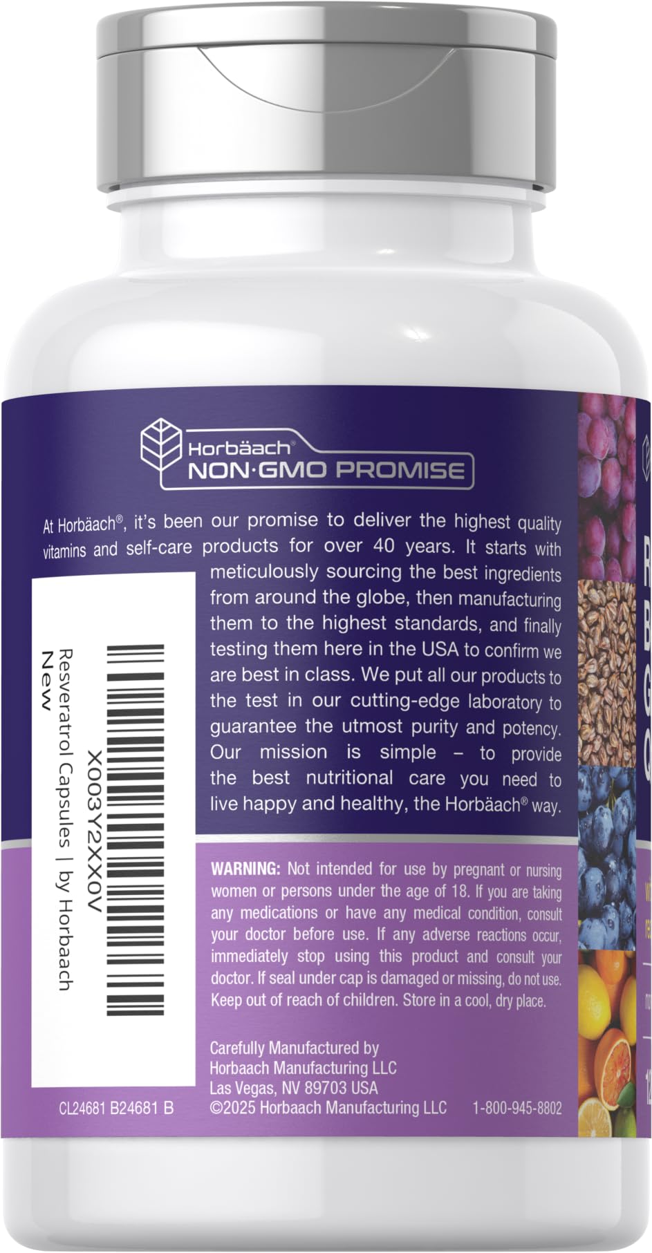 Horbäach Resveratrol Berberine ingredients icons emphasize non-GMO and gluten-free formulation.