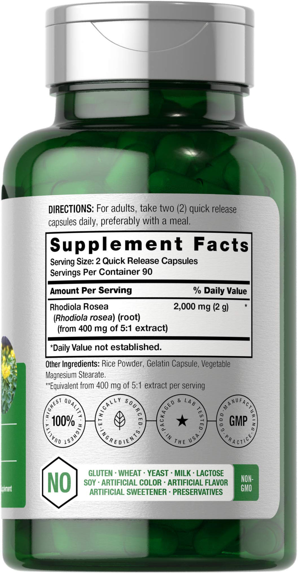 Close-up of Horbäach Rhodiola Rosea label highlighting 2000mg per serving