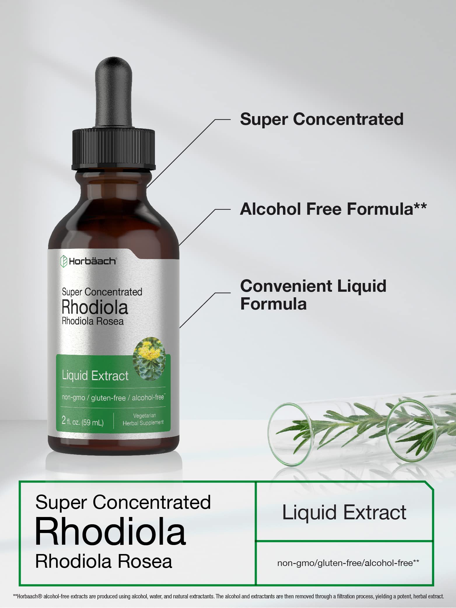 Ingredient panel on Horbaach Rhodiola Rosea tincture highlighting non-GMO gluten-free