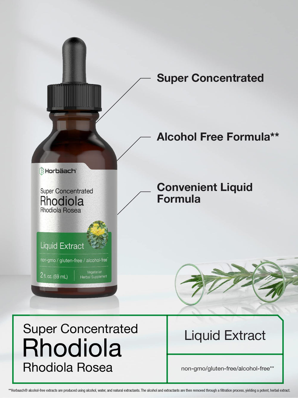 Ingredient panel on Horbaach Rhodiola Rosea tincture highlighting non-GMO gluten-free