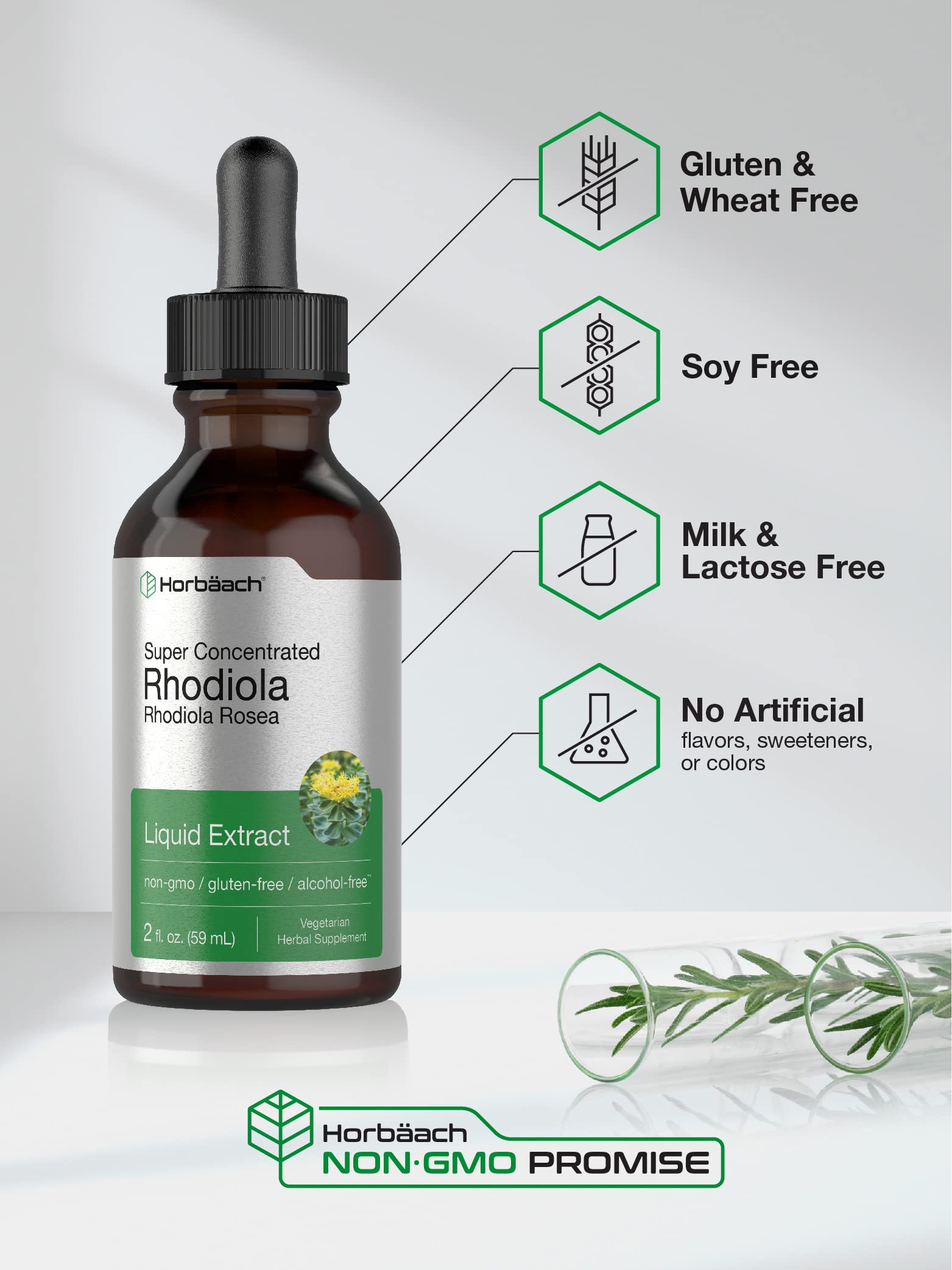 Front label of Horbaach Rhodiola Rosea 2 oz bottle