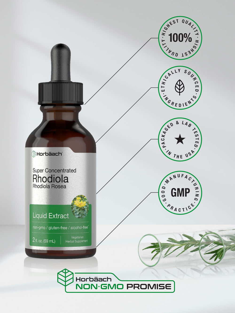 Packaging icons on Horbaach Rhodiola Rosea tincture indicating gluten-free vegetarian status