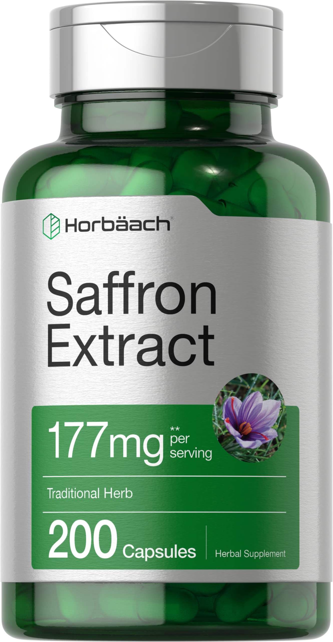 Horbäach Saffron Extract bottle for convenient daily use and potency.