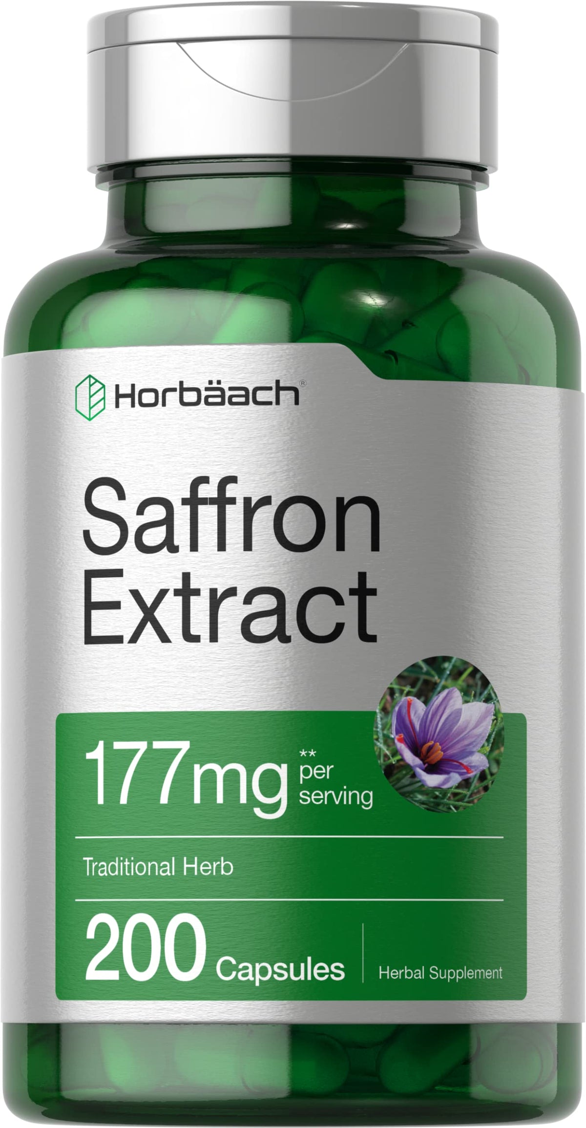 Horbäach Saffron Extract bottle for convenient daily use and potency.